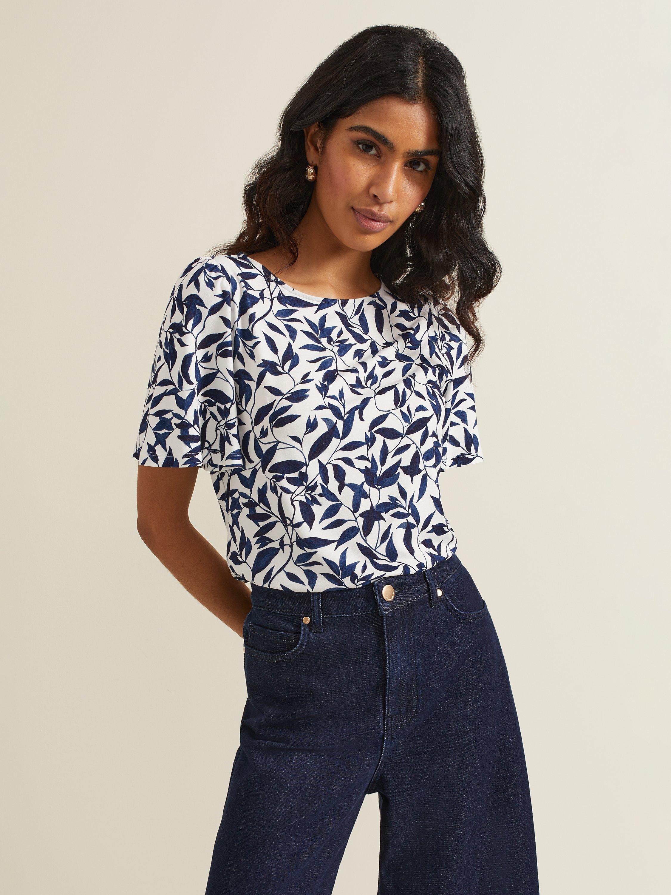 Phase Eight Nayana Leaf Print Top, Navy/White