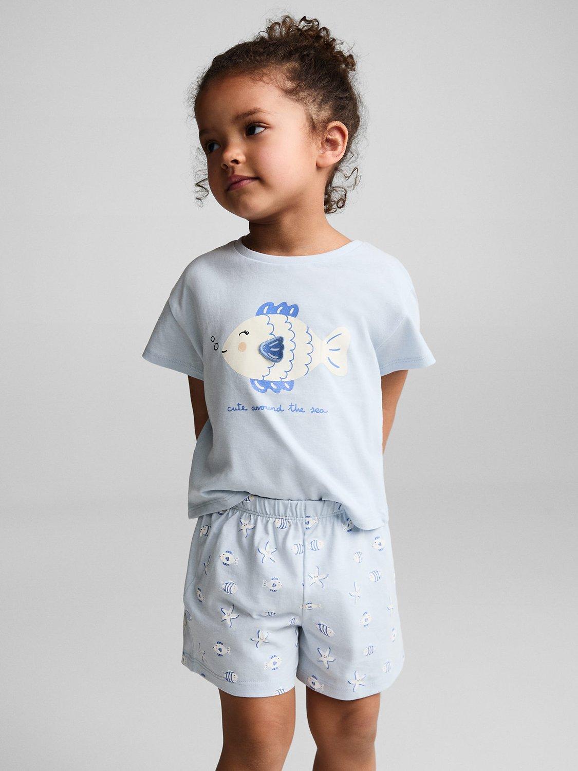 Mango Kids' Fish Print Shorty Pyjamas, Light Pastel Blue