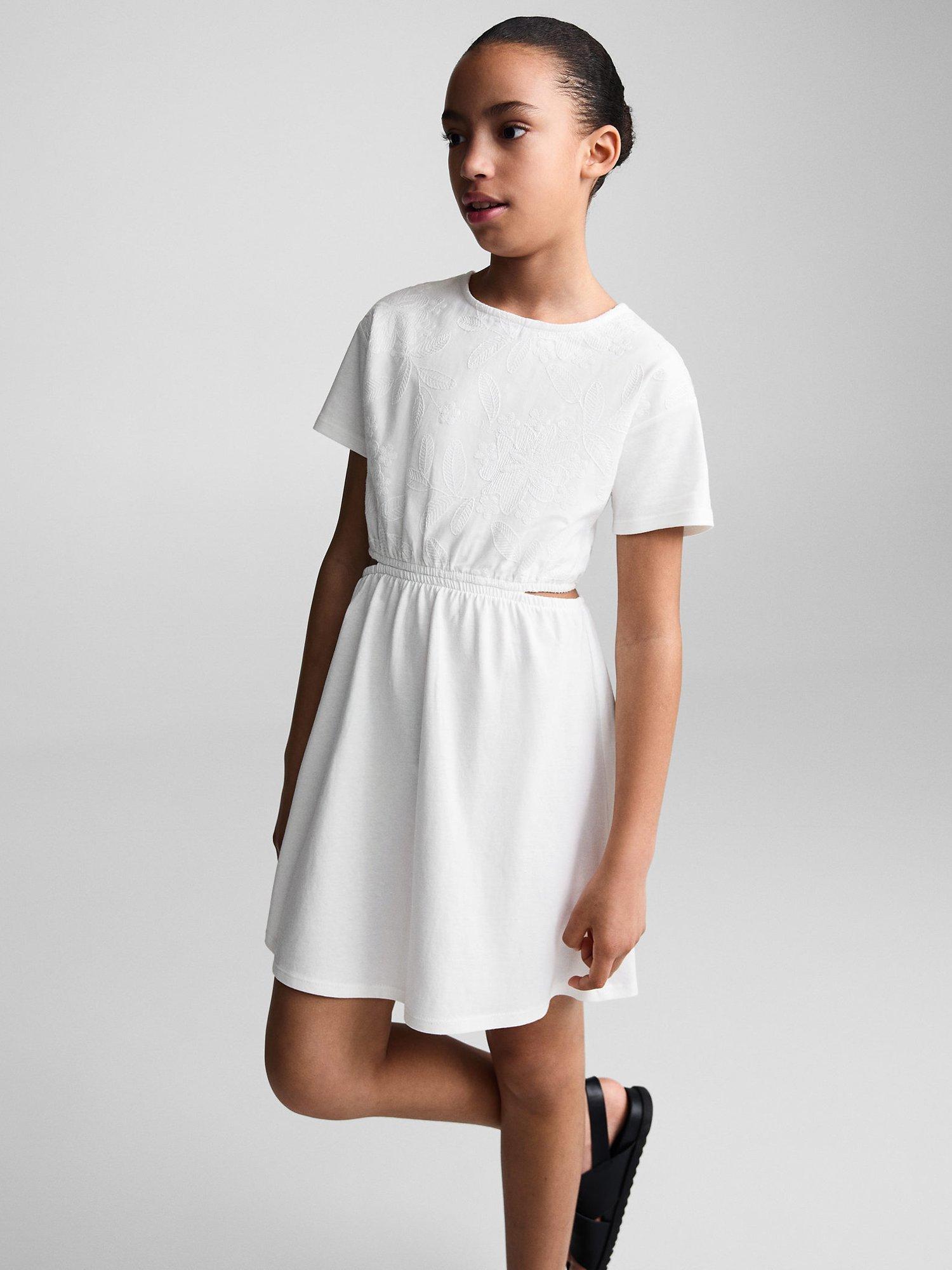 Mango Kids' Ona Floral Etched Cut Out Dress, Natural White