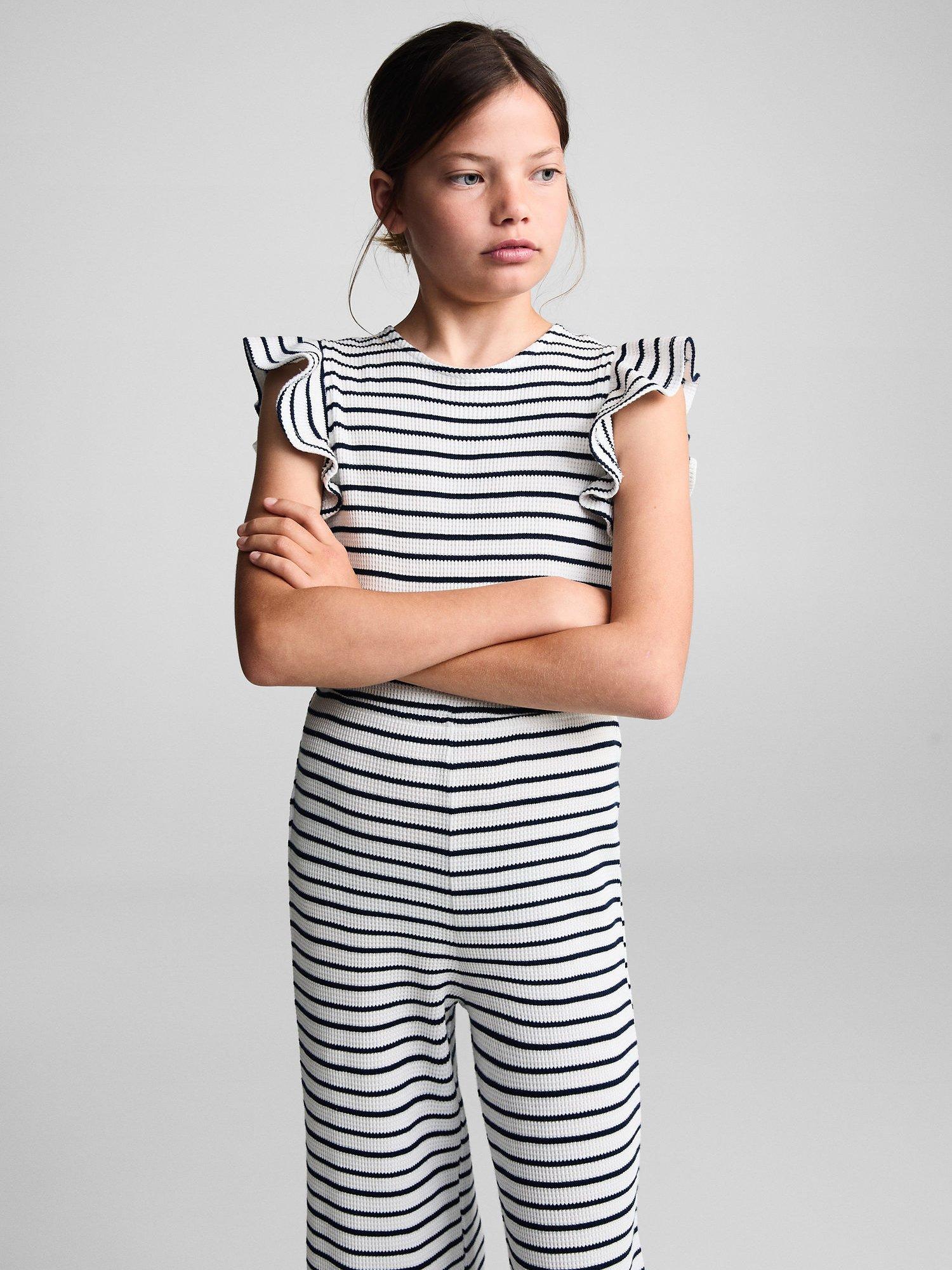 Mango Kids' Sailor Stripe Ruffle Sleeve Jumpsuit, Natural White