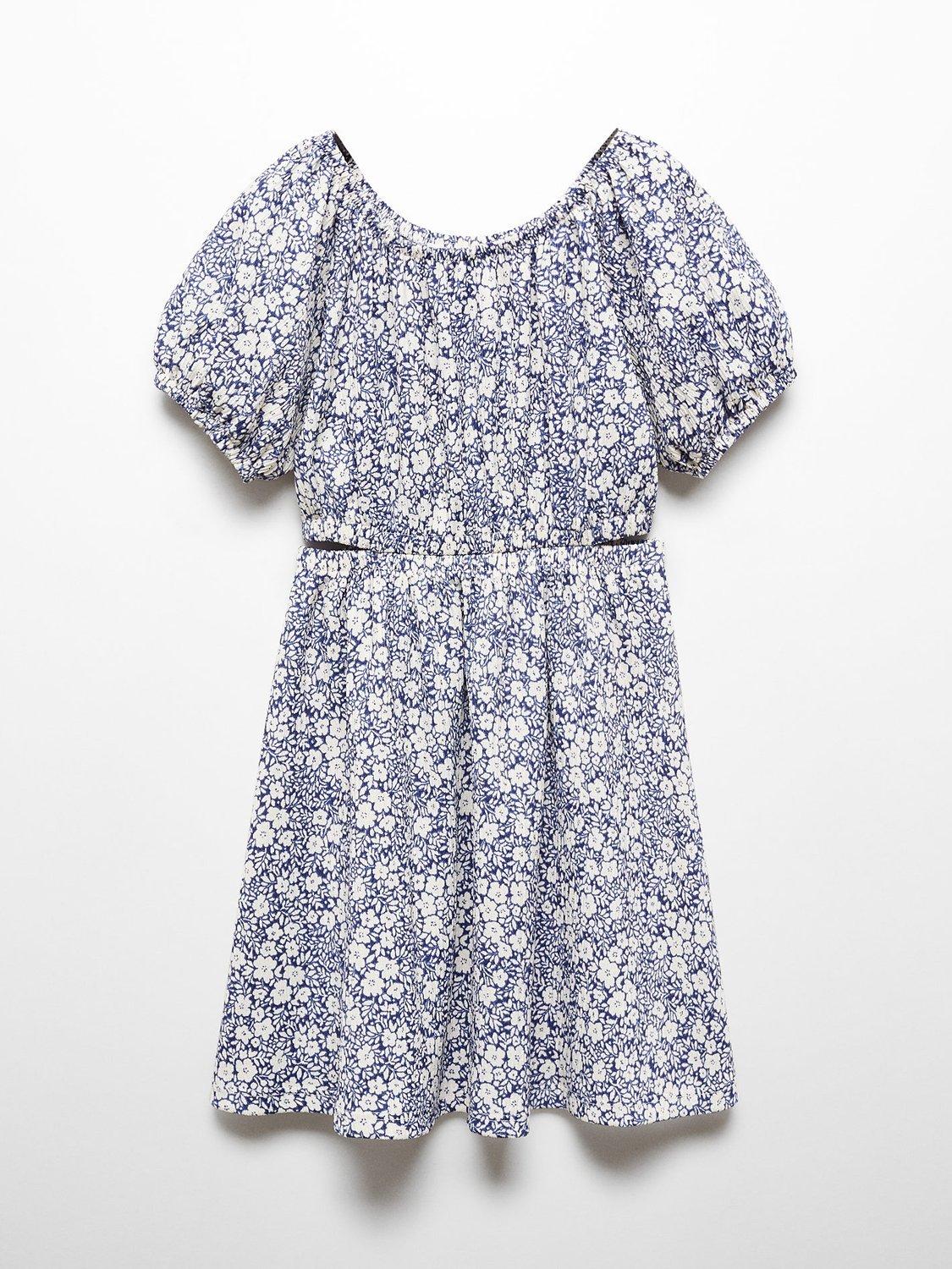 Mango Kids' Alexia Floral Cut Out Dress, Navy/White