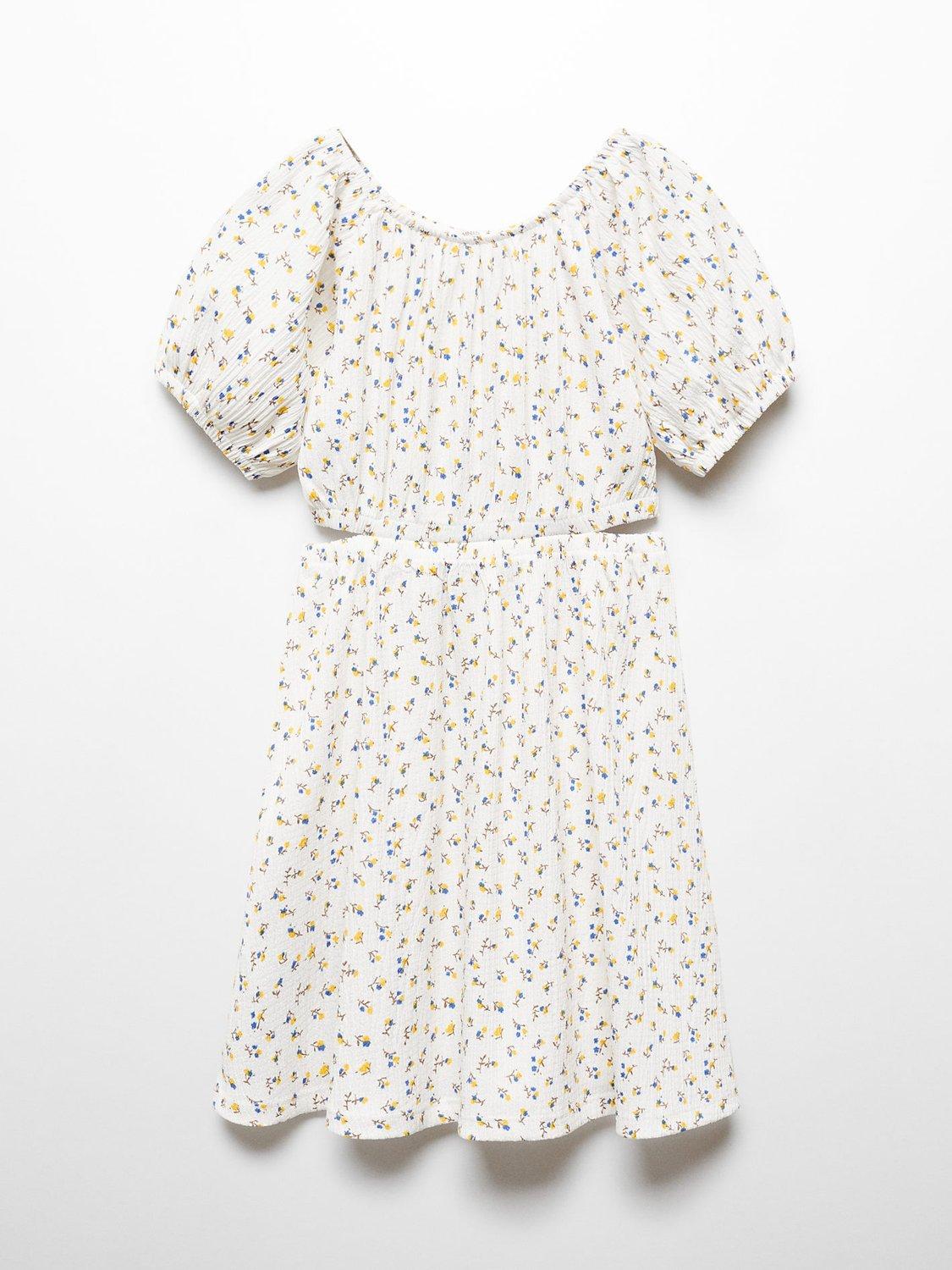 Mango Kids' Alexia Floral Print Cut Out Dress, Light Beige