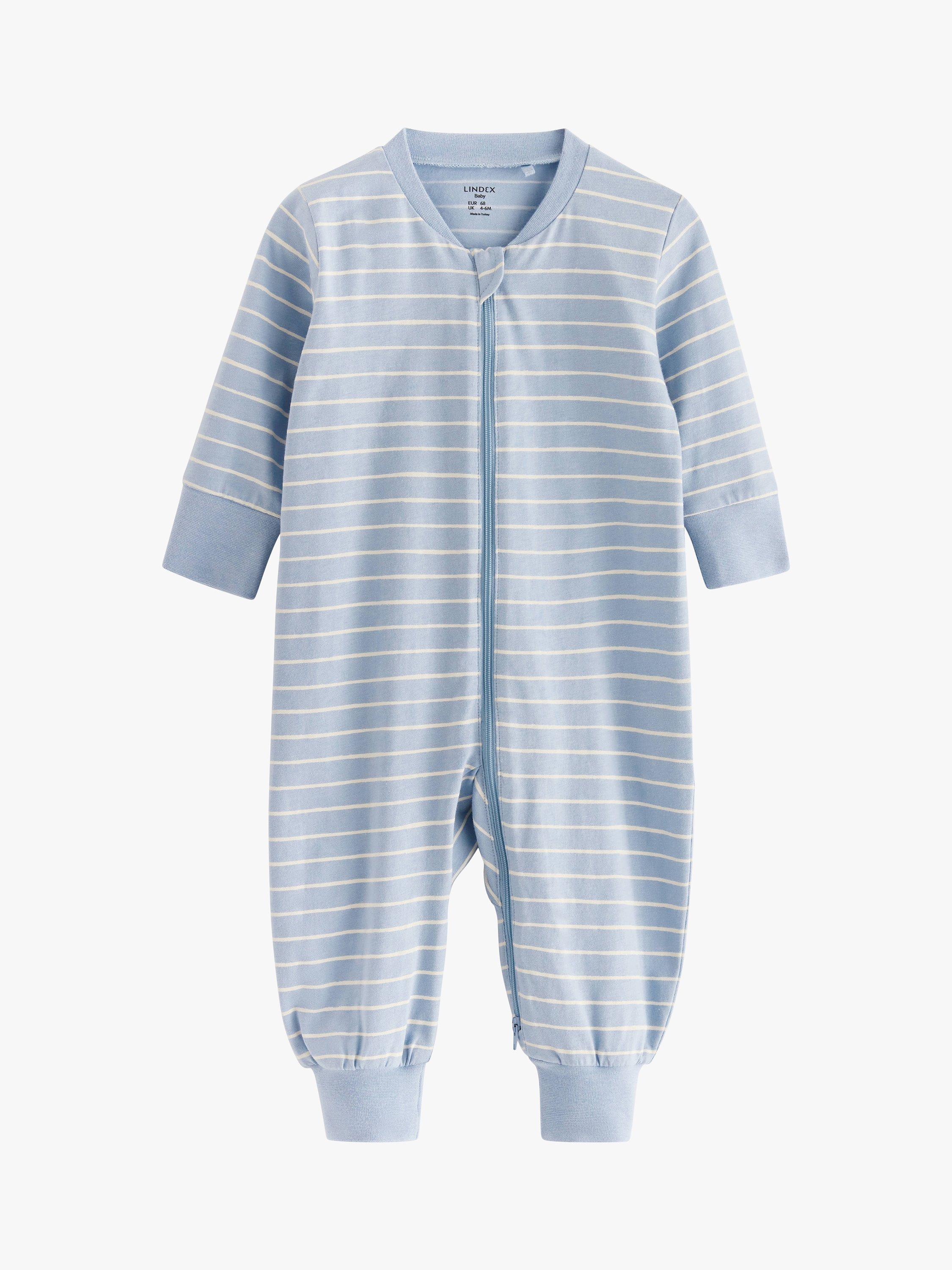 Product image 1 of 3, which shows Lindex Baby Organic Cotton Striped Sleepsuit, Light Blue, 4-6 months