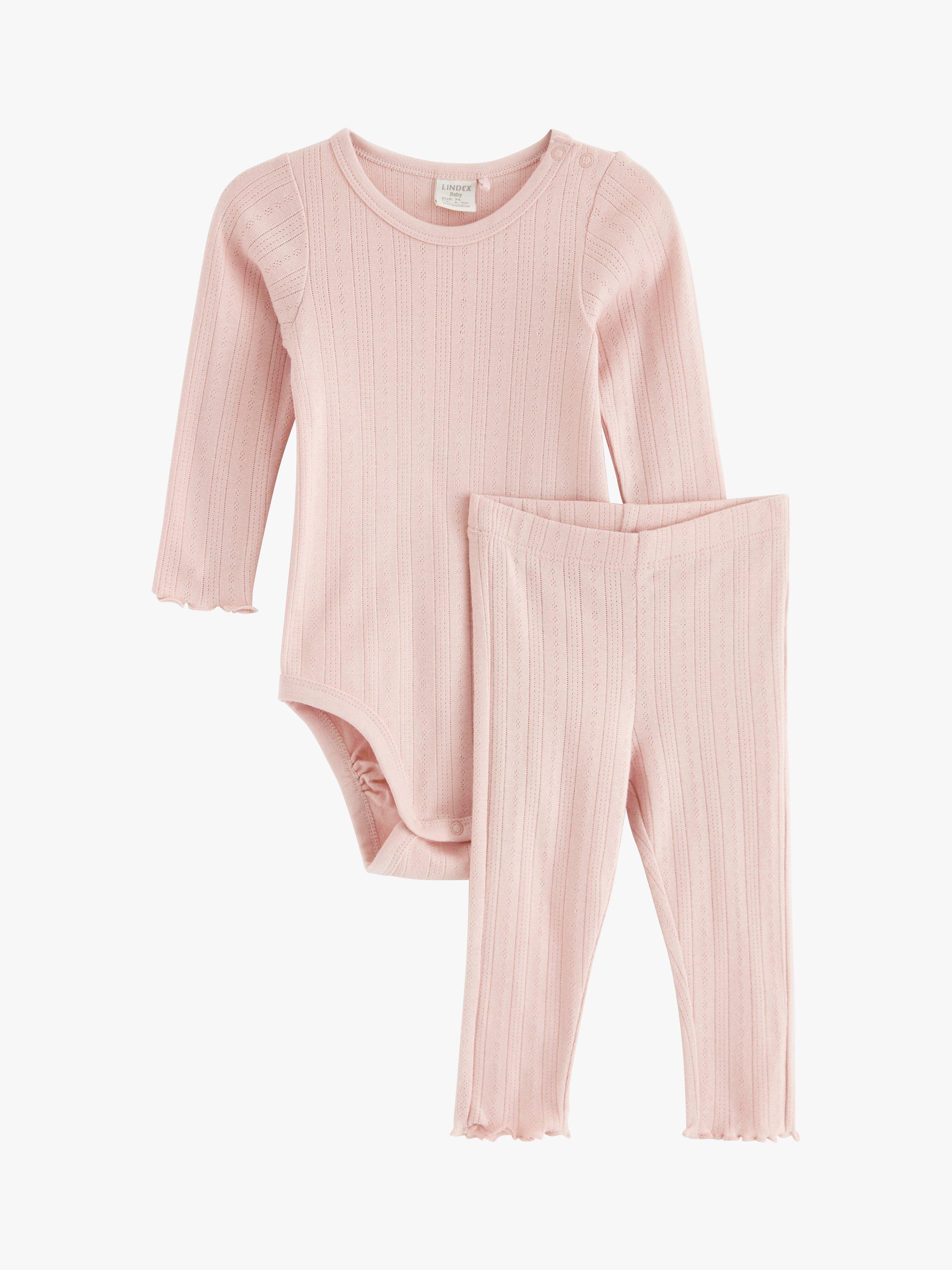 Product image 1 of 2, which shows Lindex Baby Organic Cotton Pointelle Bodysuit & Leggings Set, Light Dusty Pink, 7-9 months