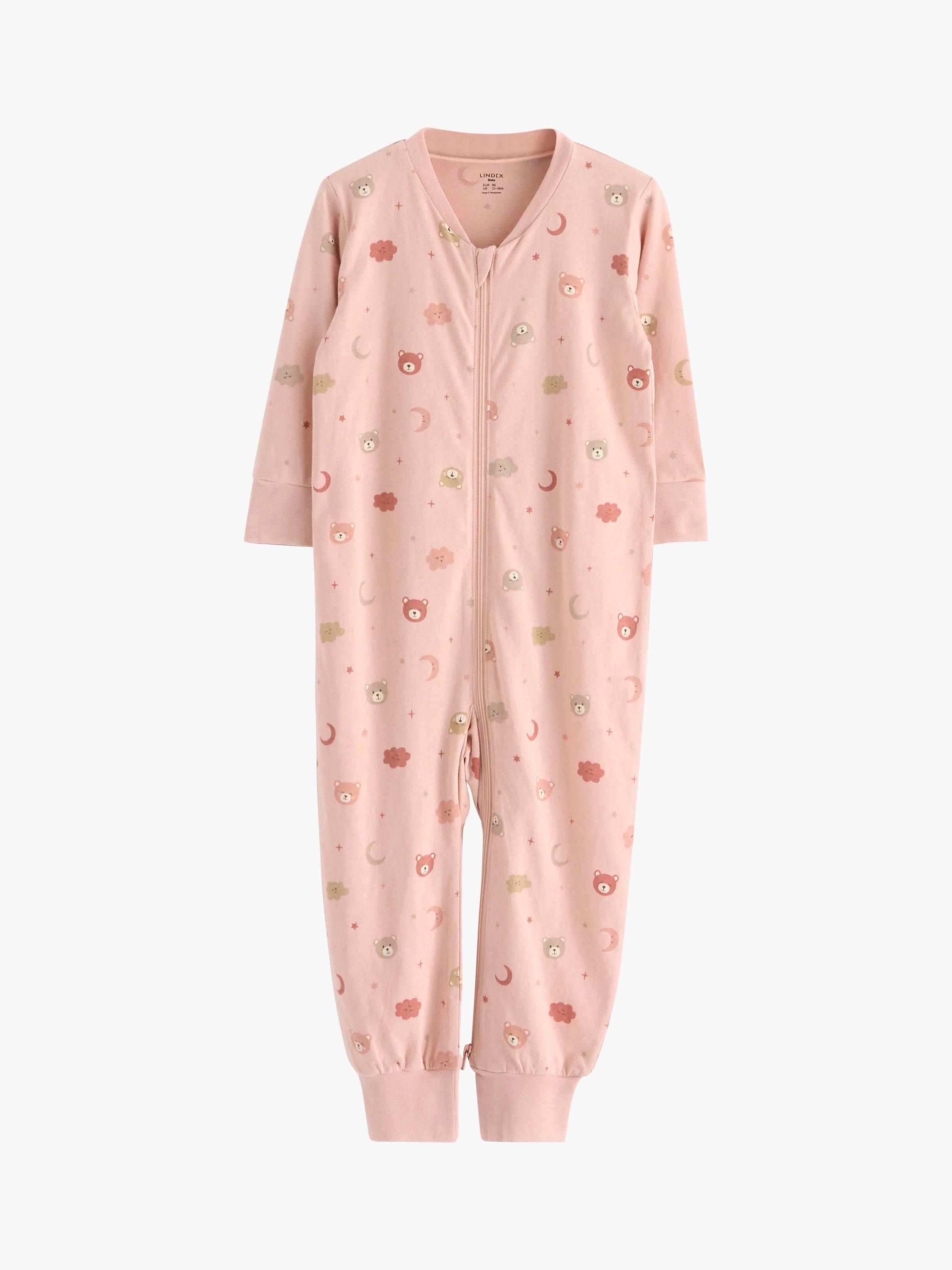 Product image 1 of 3, which shows Lindex Baby Organic Cotton Bear Print Sleepsuit, Light Dusty Pink, 18-24 months