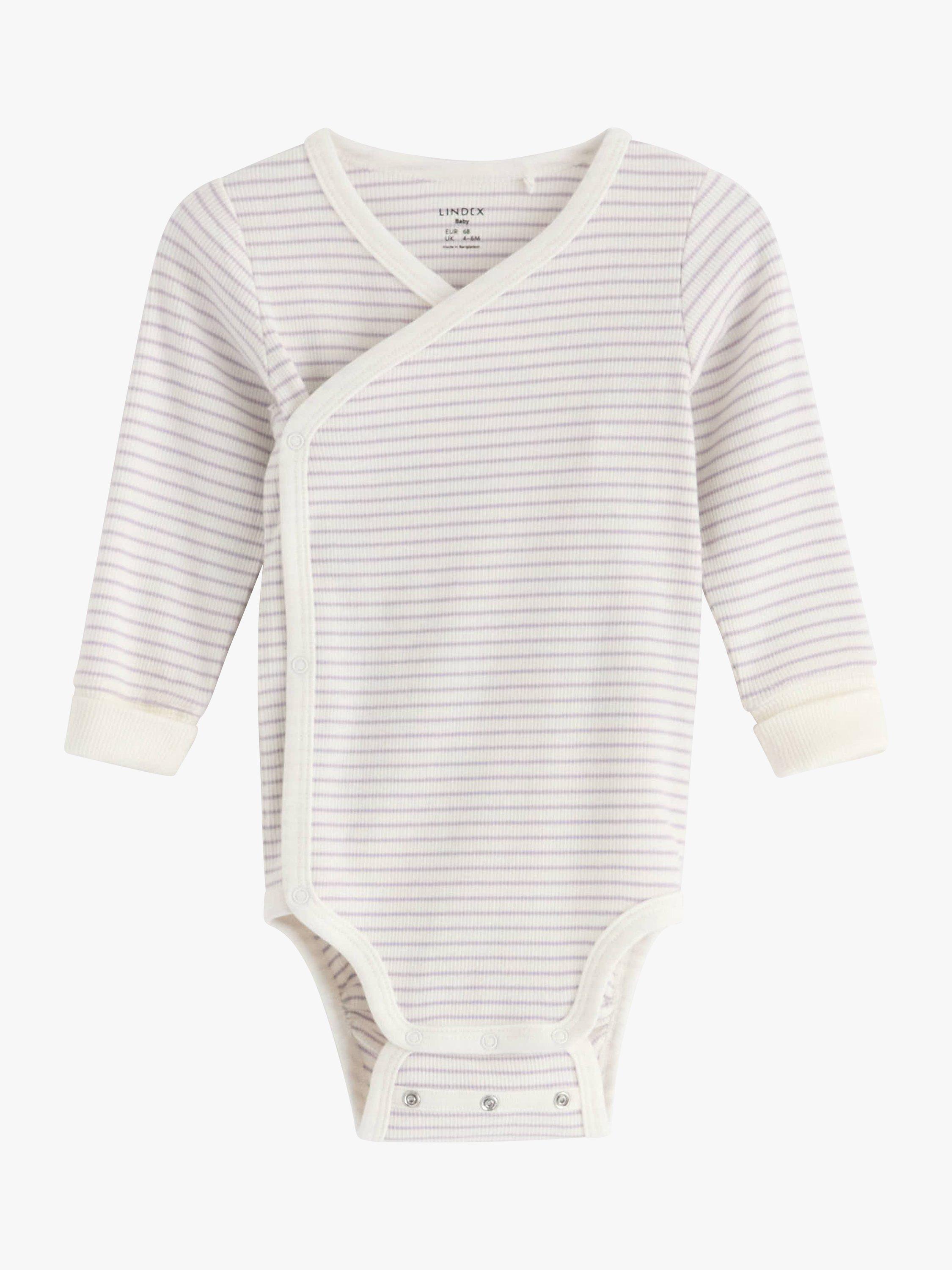 Product image 1 of 2, which shows Lindex Baby Organic Cotton Blend Stripe Wrap Bodysuit, Light Dusty Lilac, 10-12 months