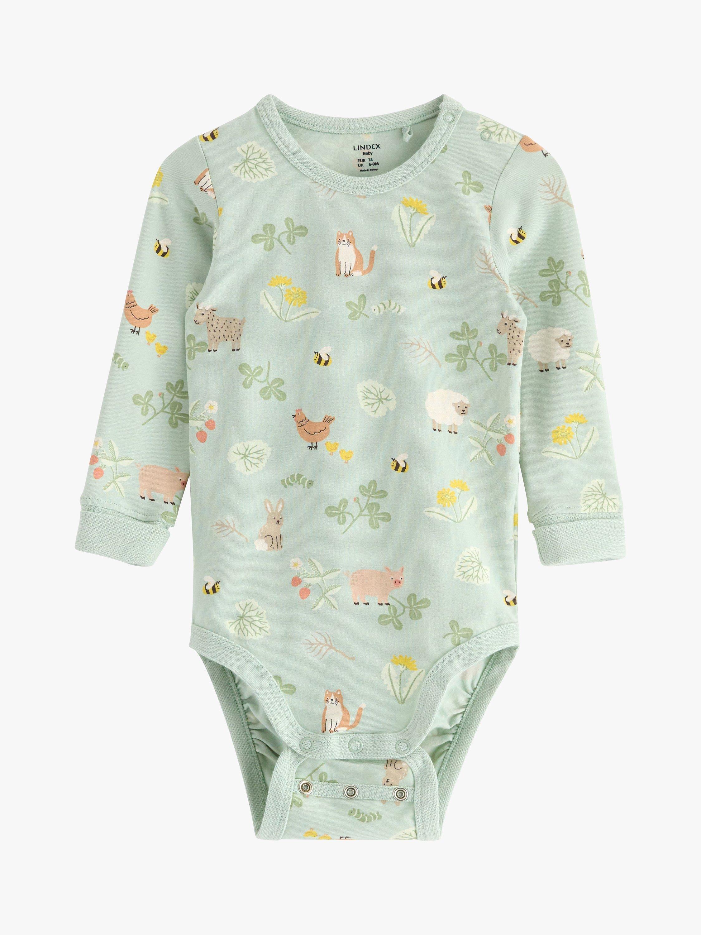 Product image 1 of 3, which shows Lindex Baby Organic Cotton Blend Farm Animal Print Bodysuit, Dusty Green, 7-9 months