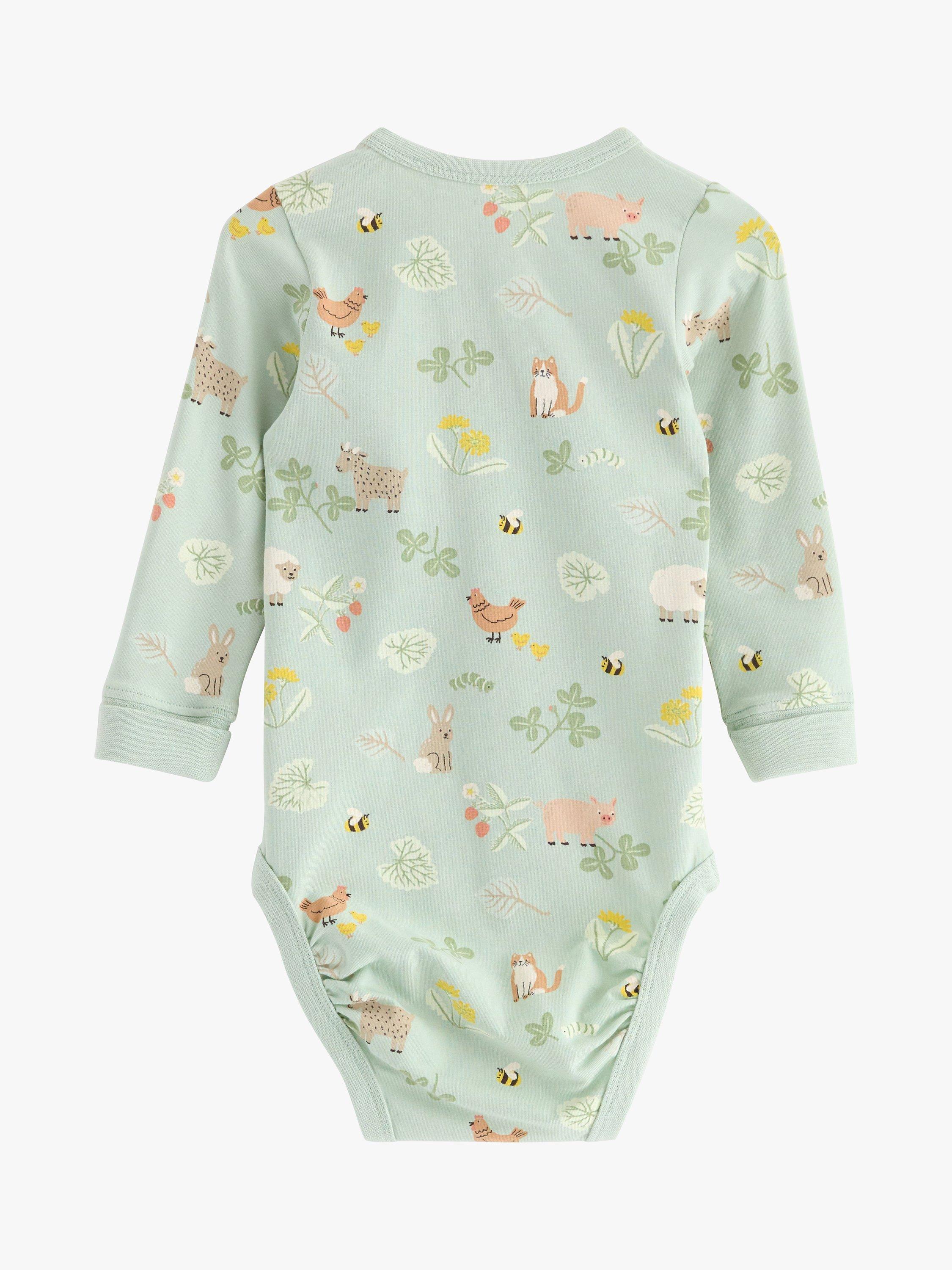 Product image 2 of 3, which shows Lindex Baby Organic Cotton Blend Farm Animal Print Bodysuit, Dusty Green, 7-9 months