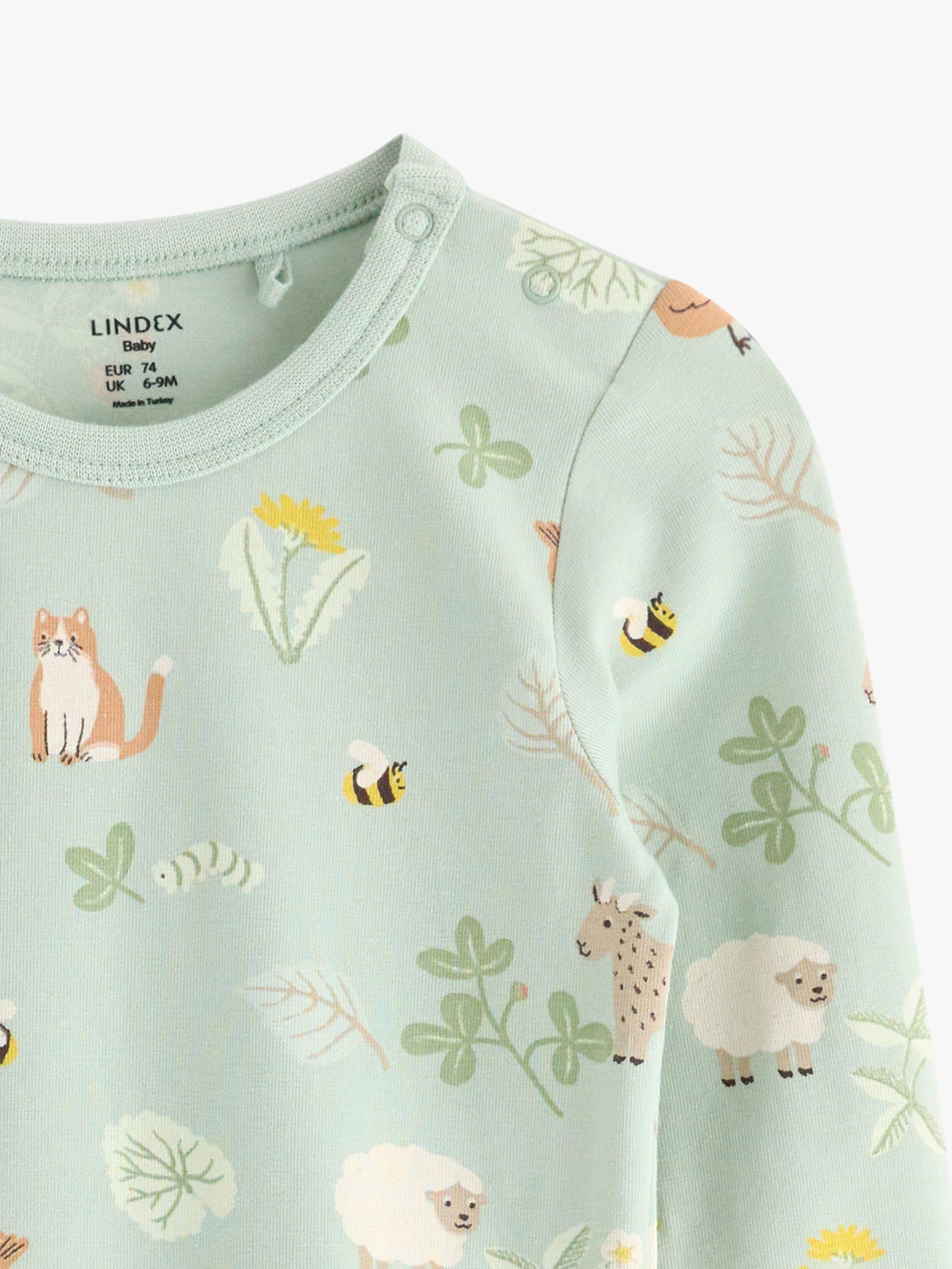 Product image 3 of 3, which shows Lindex Baby Organic Cotton Blend Farm Animal Print Bodysuit, Dusty Green, 7-9 months
