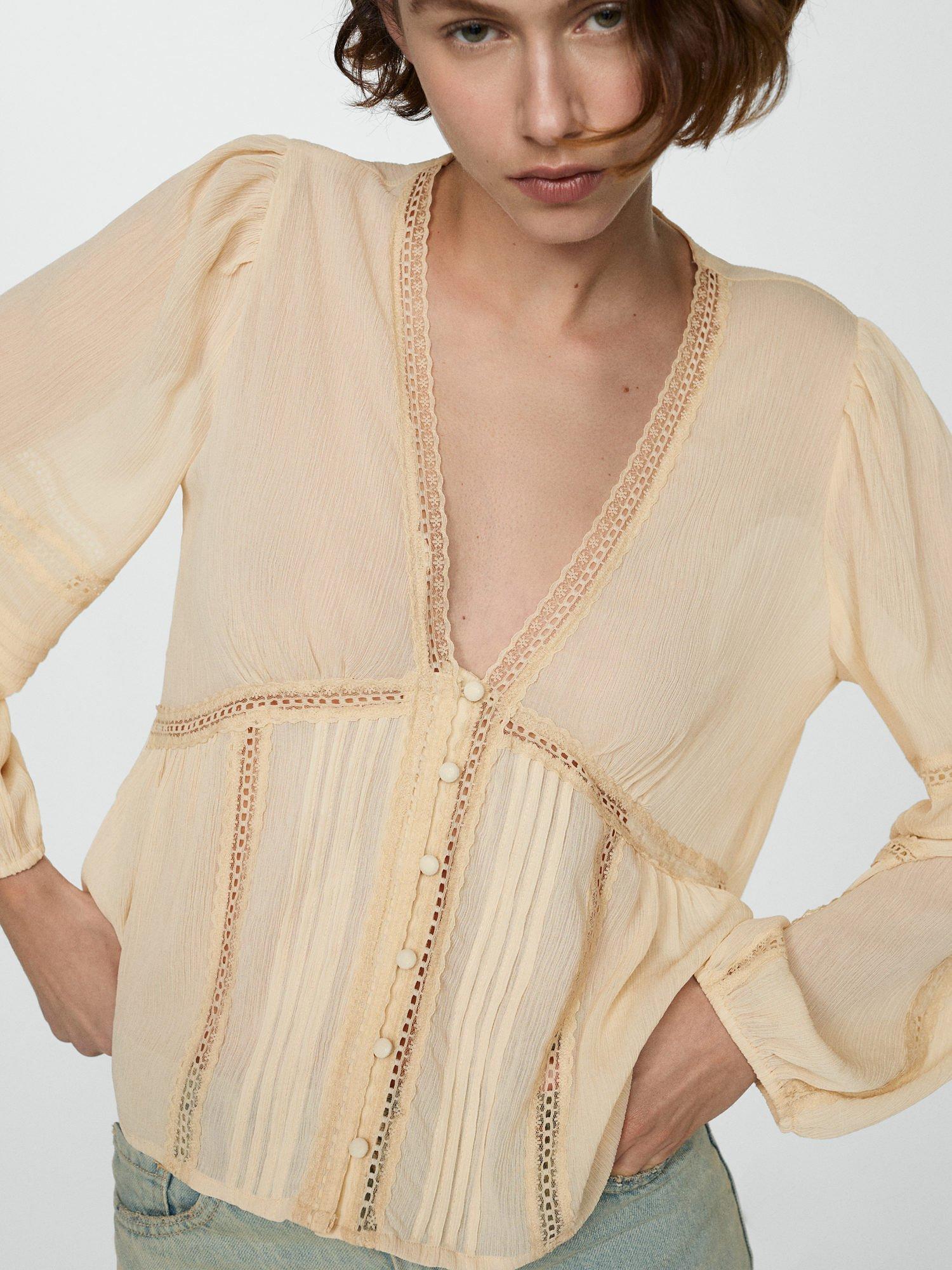 Mango Diana V-Neck Blouse, Light Beige