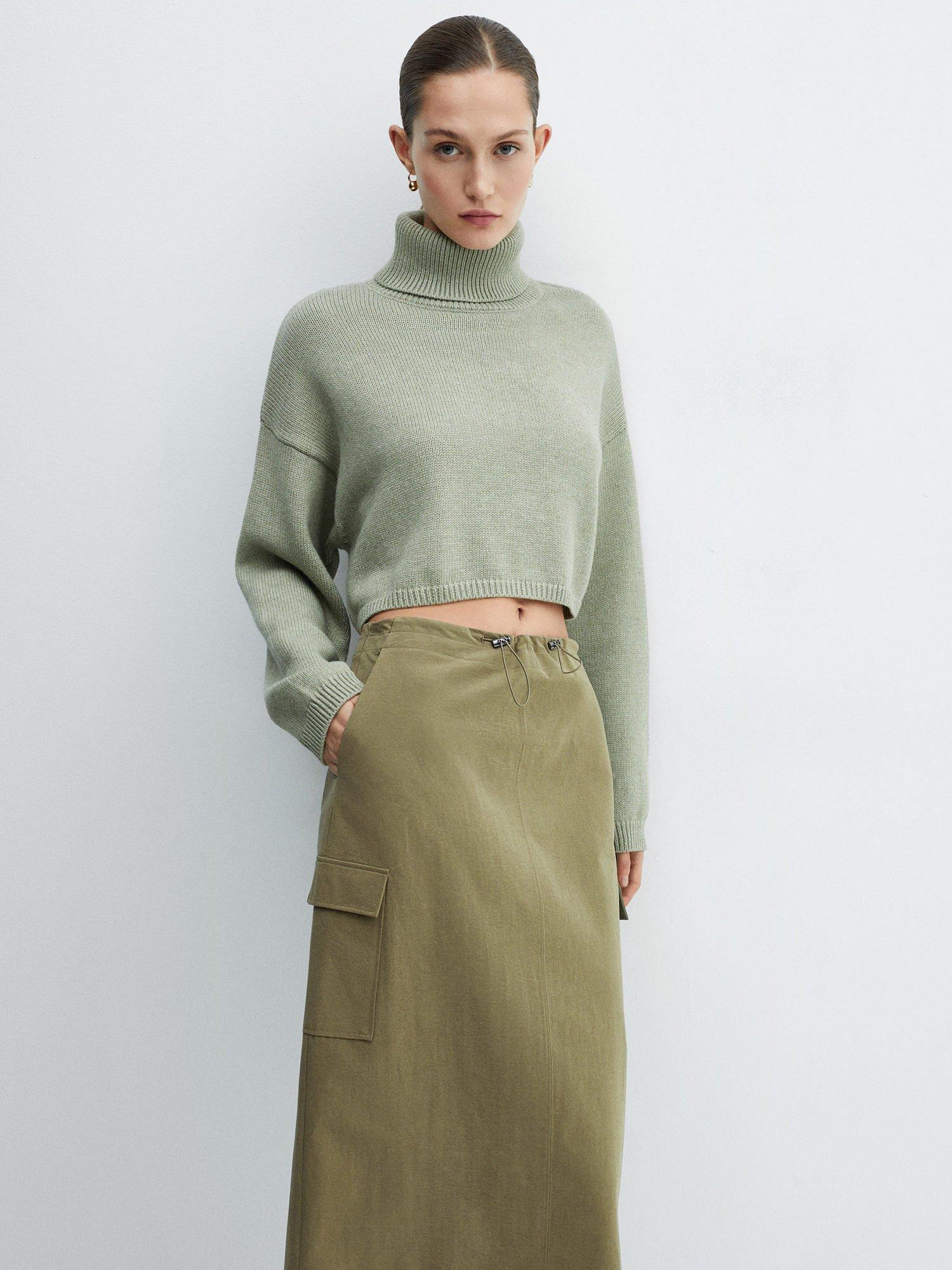 Mango Bengala Cargo Midi Skirt Khaki