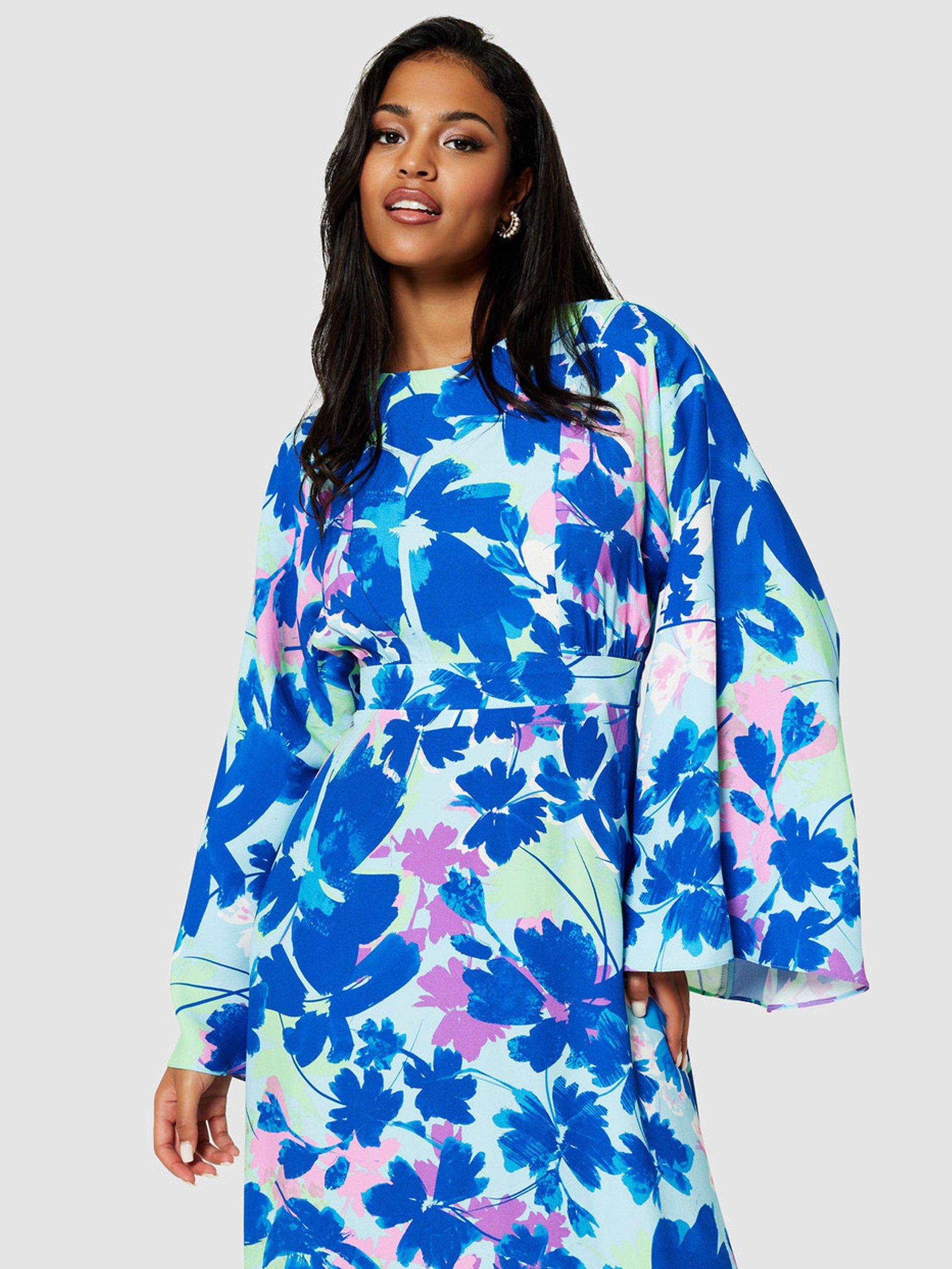 Closet London A Line Floral Print Kimono Dress Royal Blue