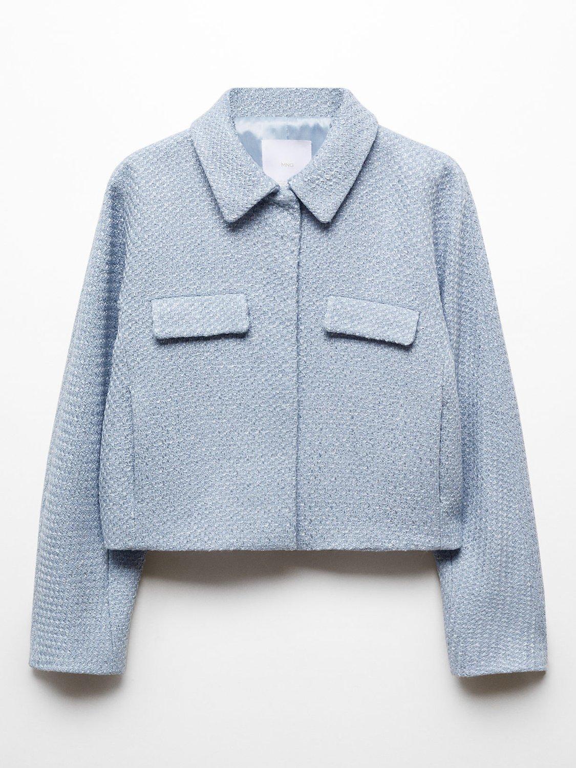 Mango Napoles Cropped Tweed Jacket Pastel Blue