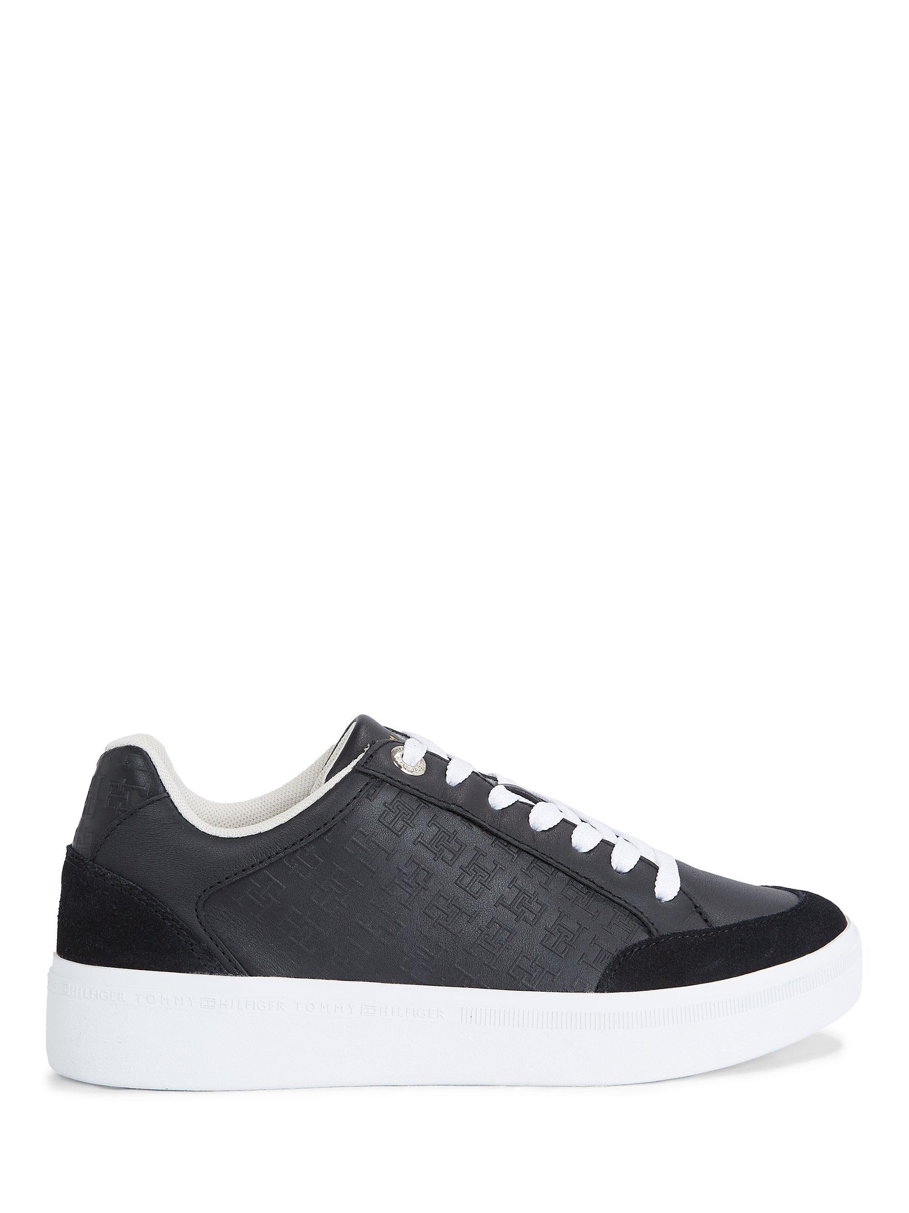 Tommy Hilfiger Embossed Monogram Leather Flatform Trainers, Black