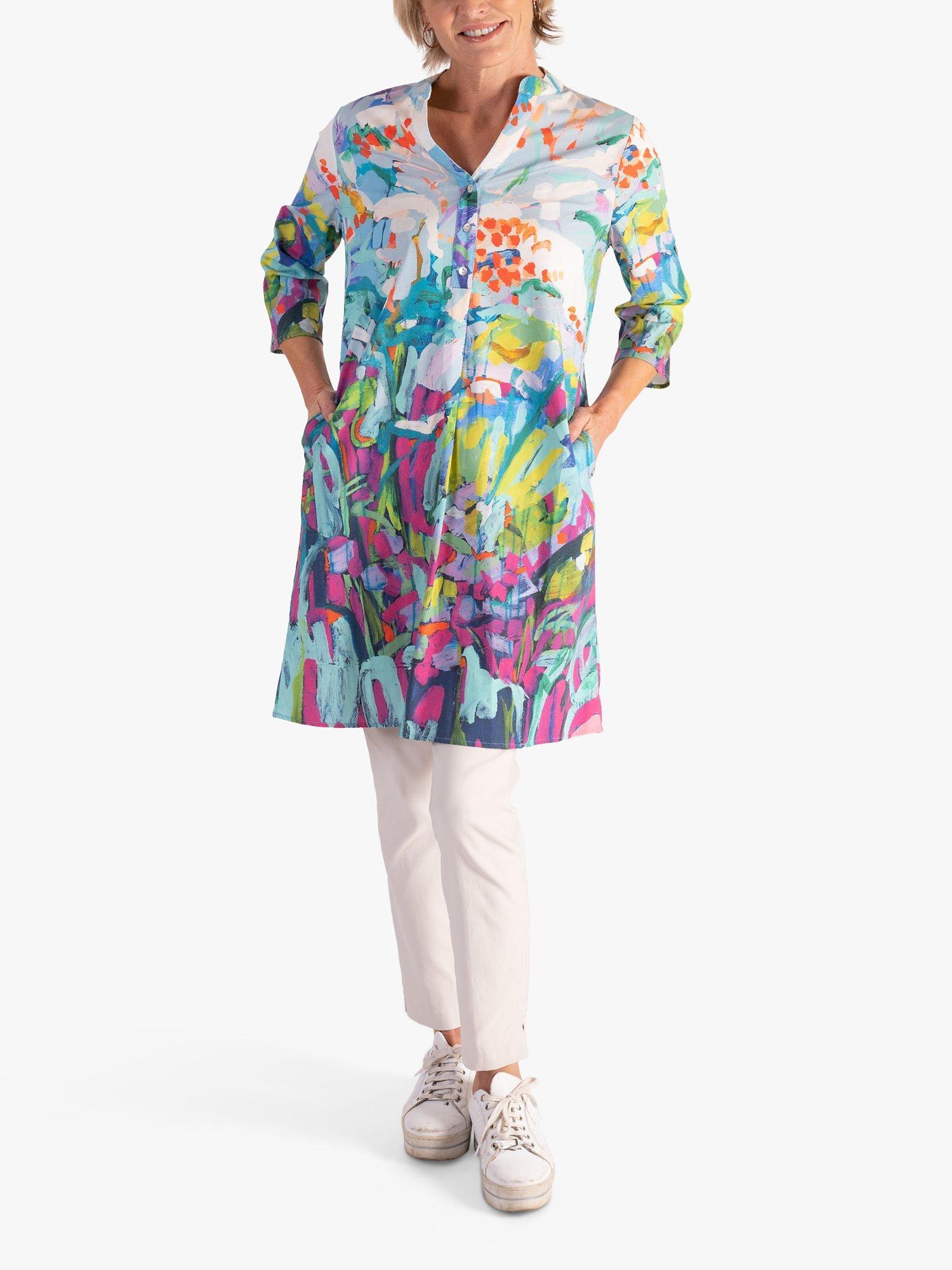 Product image 1 of 5, which shows chesca Abstract Flower Garden Print Dress, Blue/Multi, 12-14