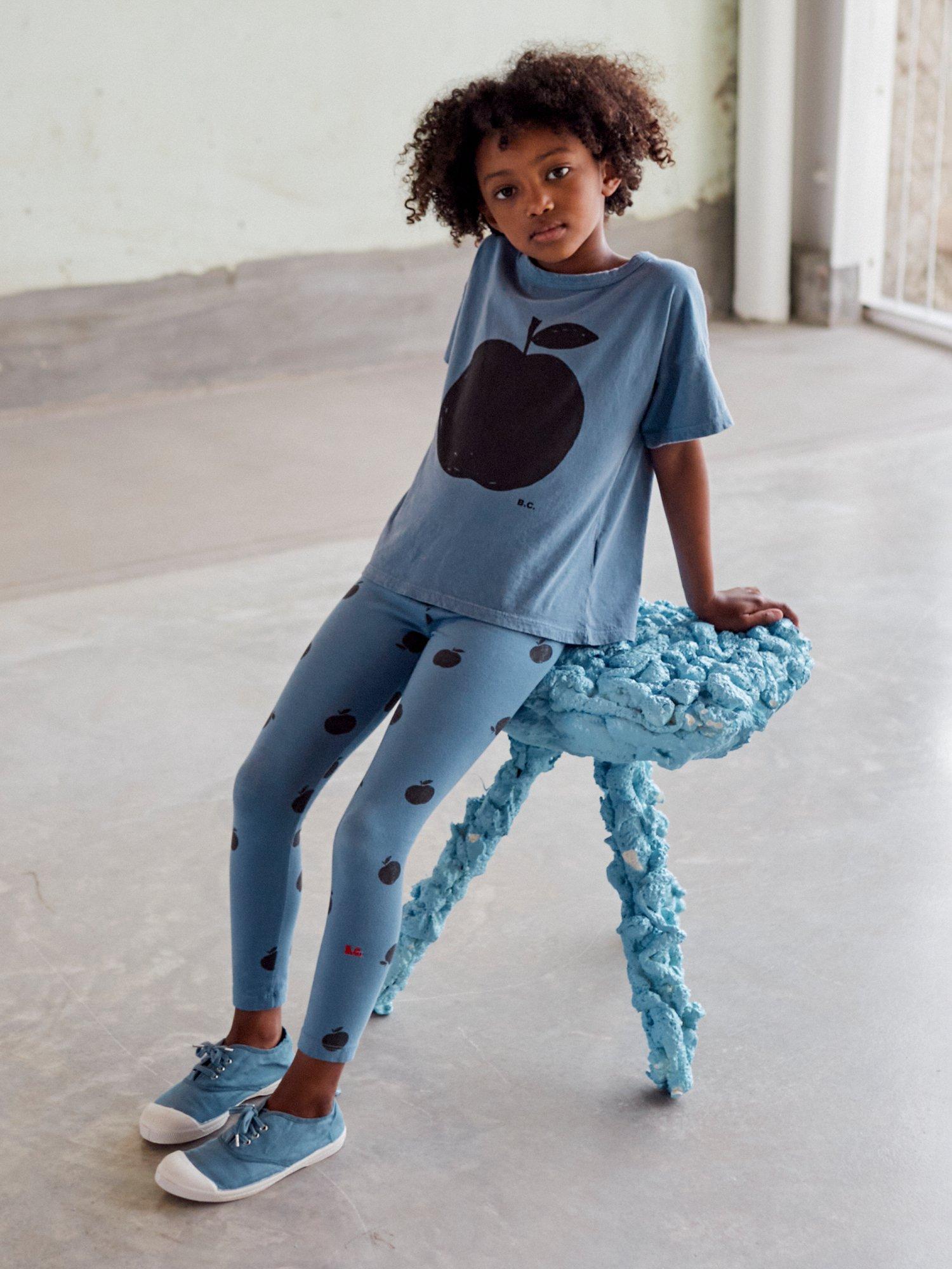 Product image 4 of 4, which shows Bobo Choses Kids' Organic Cotton Blend Poma Apple Print Leggings, Blue, 2-3 years