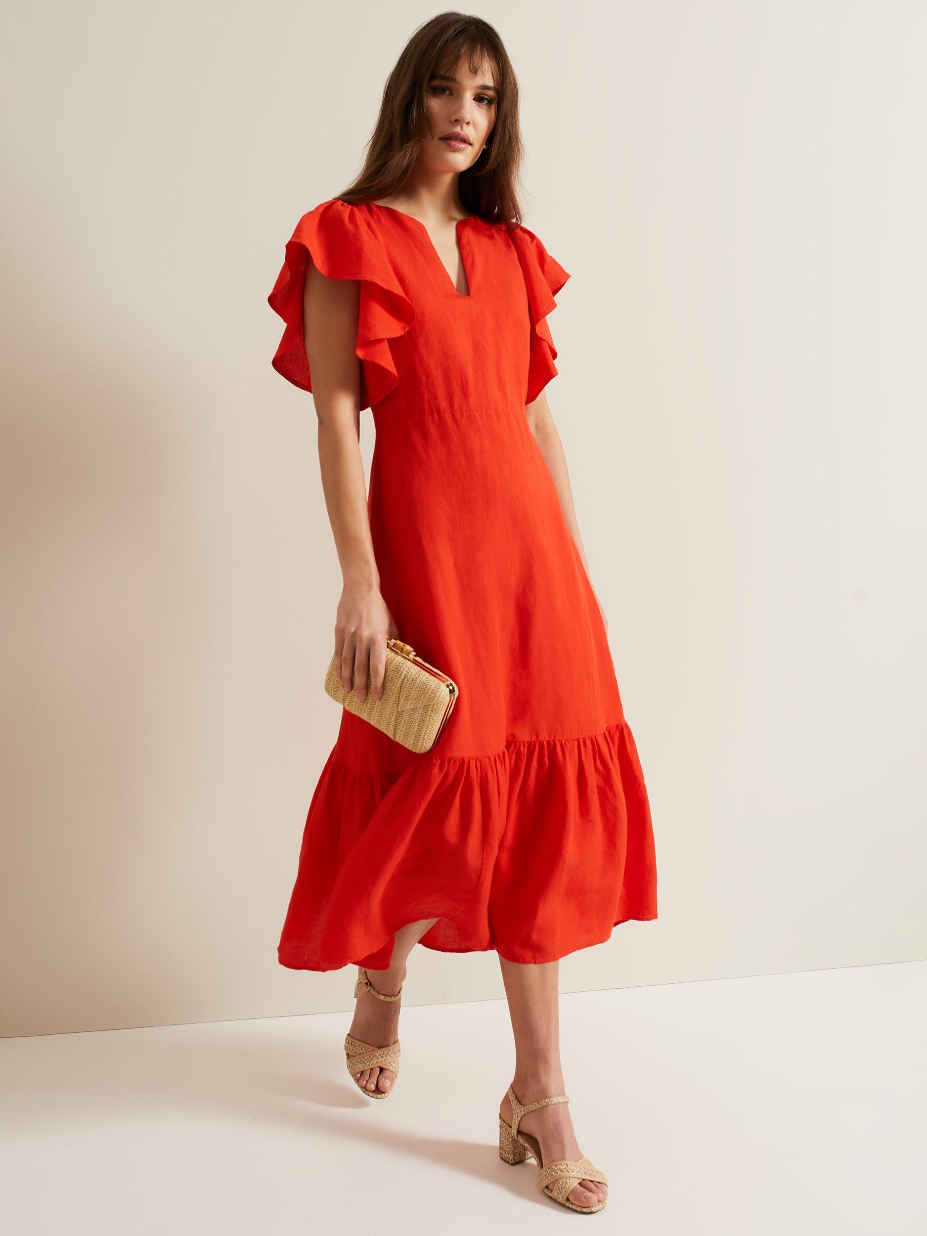 Product image 4 of 6, which shows Phase Eight Morgan Linen Blend Tiered Midi Dress, Red, 16