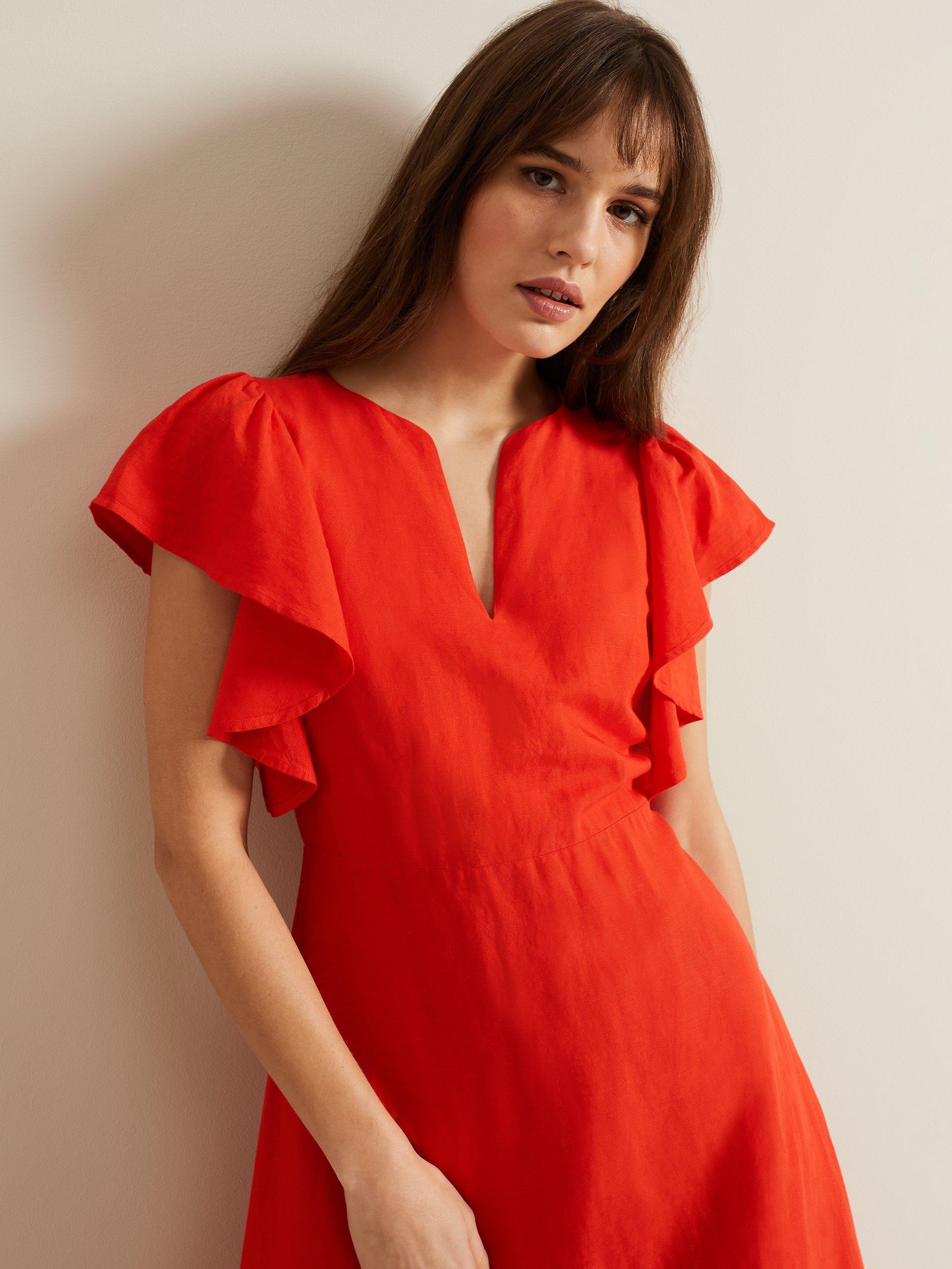 Product image 3 of 6, which shows Phase Eight Morgan Linen Blend Tiered Midi Dress, Red, 16