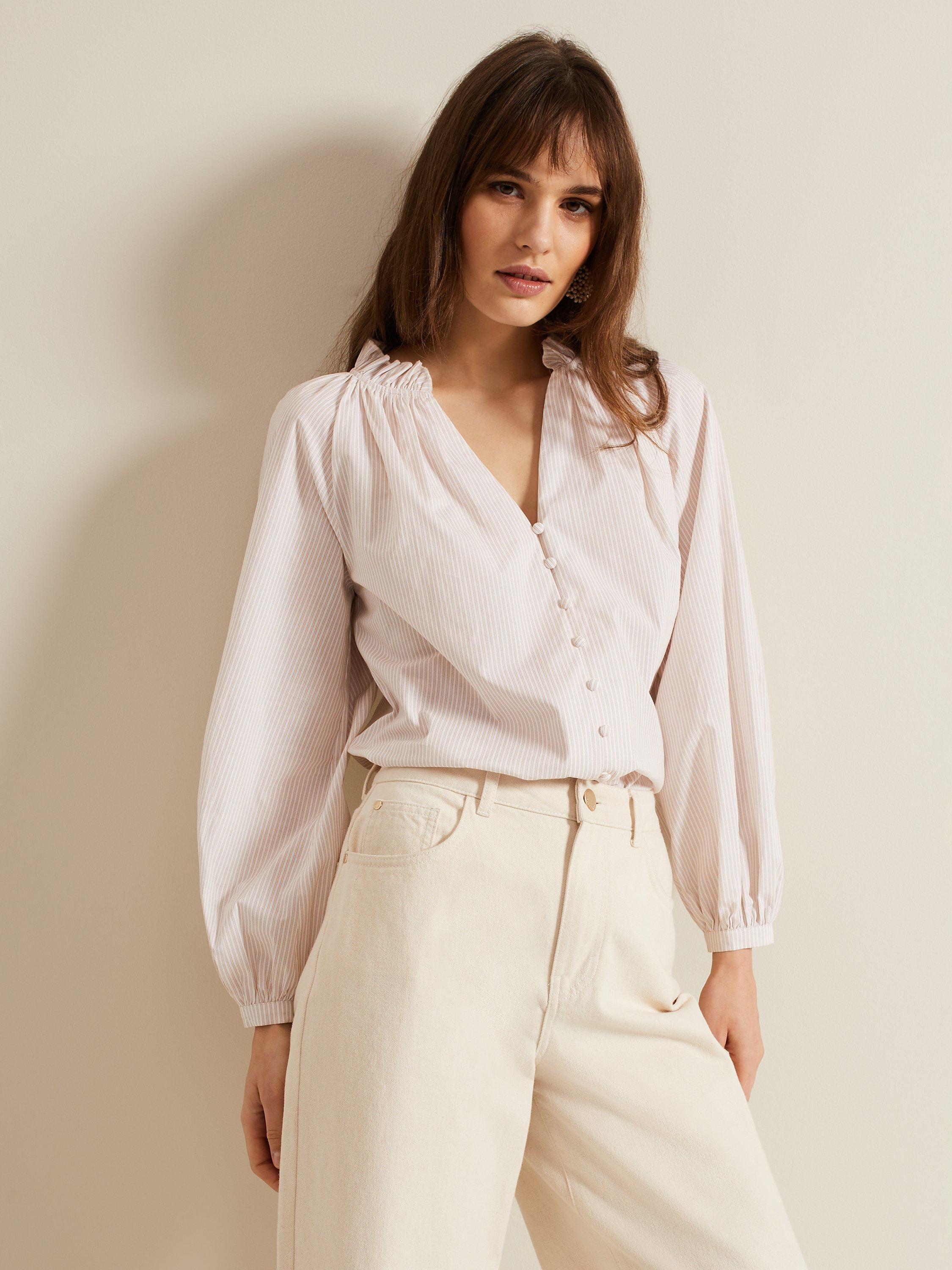 Phase Eight Seraphina Cotton Stripe Frill Shirt, Neutral, 12