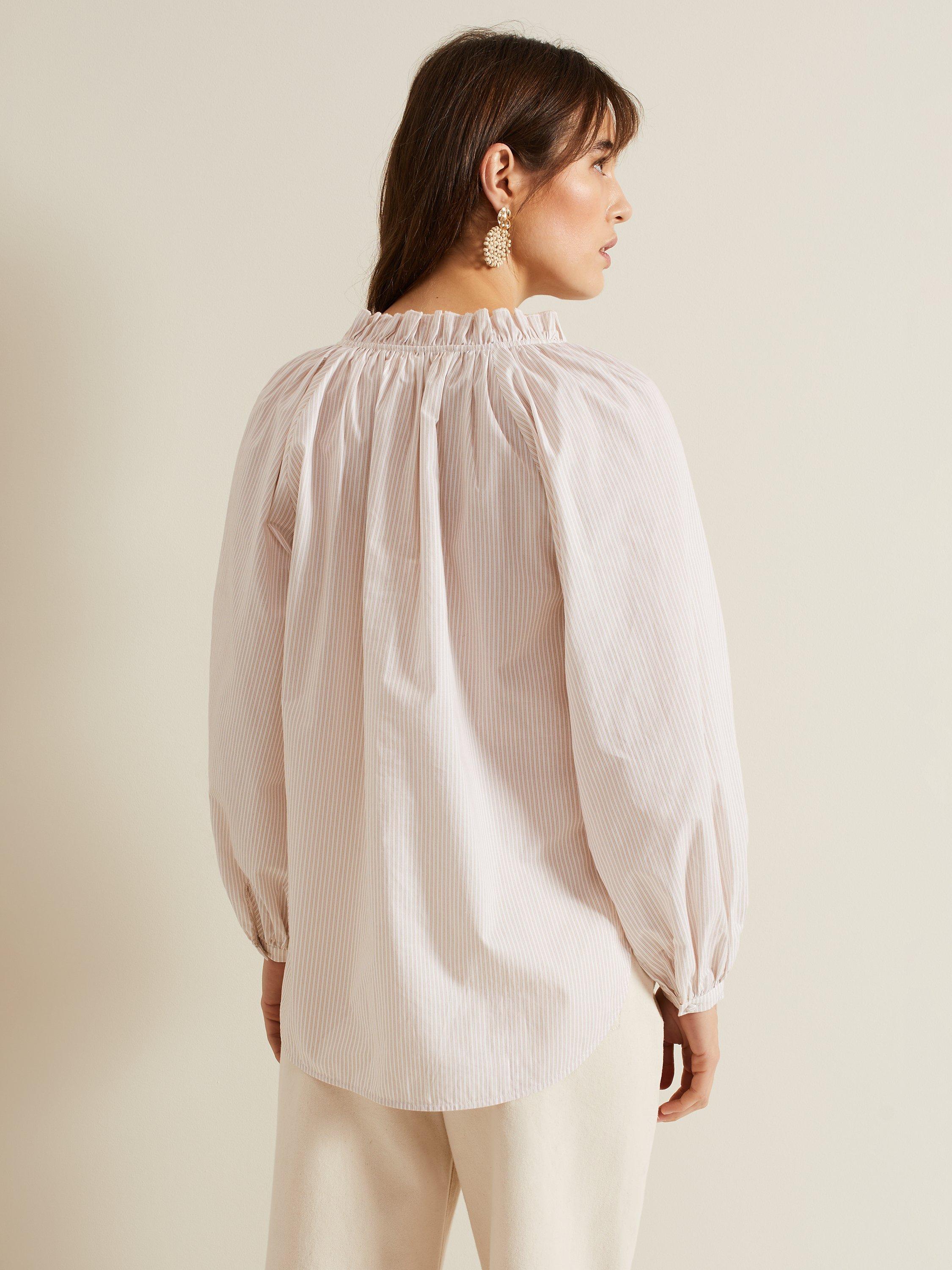 Phase Eight Seraphina Cotton Stripe Frill Shirt, Neutral, 12