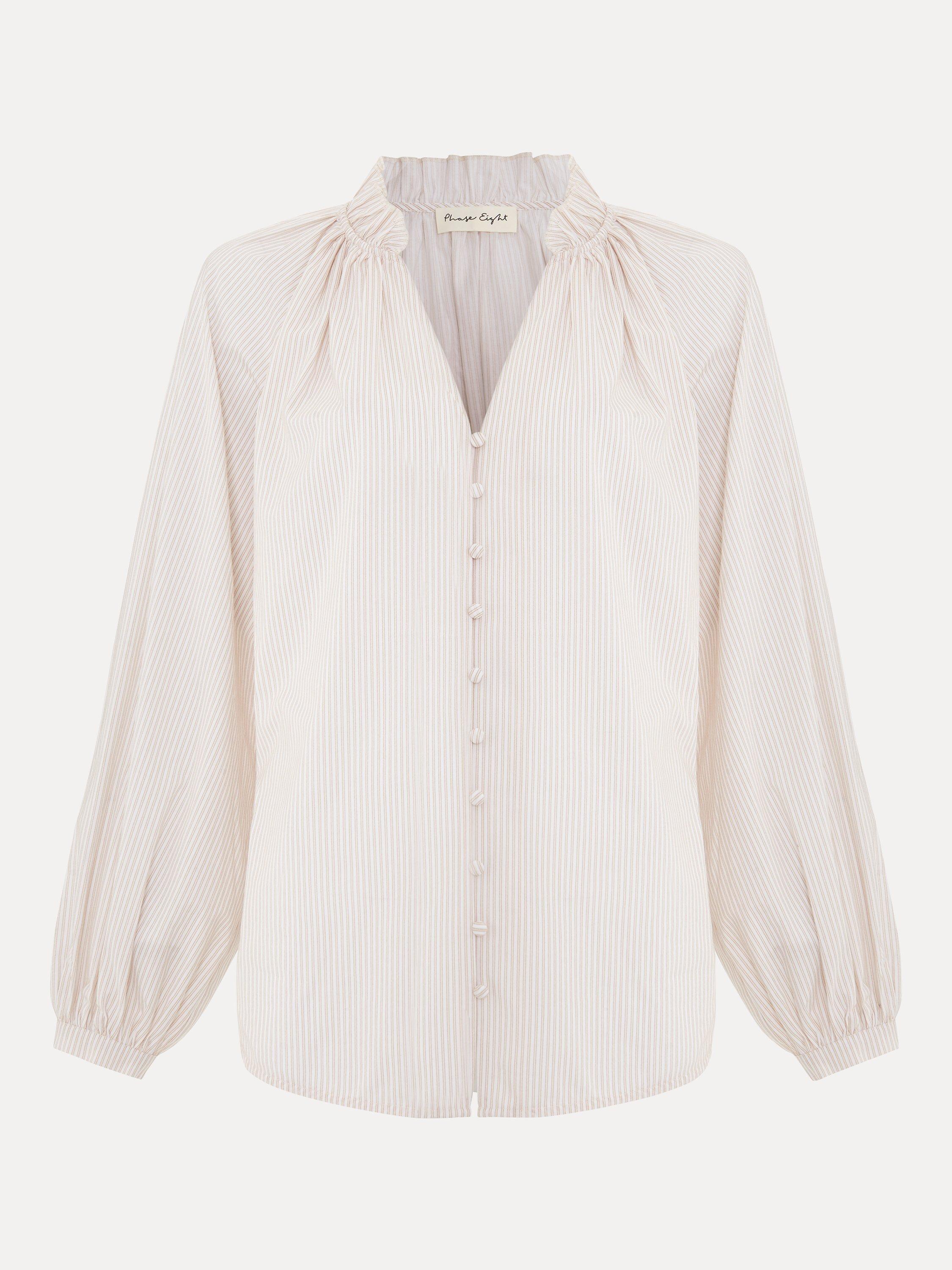 Phase Eight Seraphina Cotton Stripe Frill Shirt, Neutral, 12