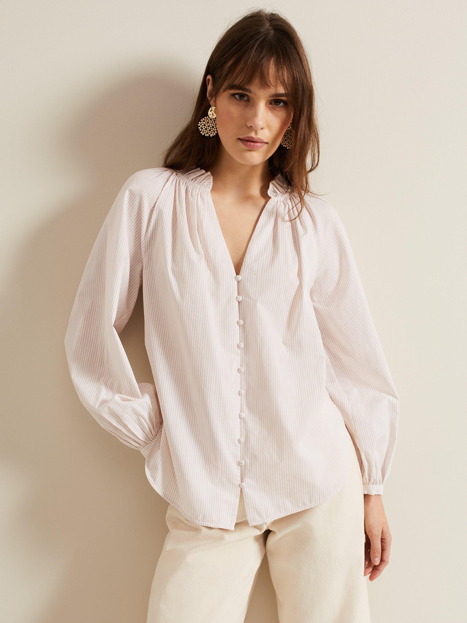 Phase Eight Seraphina Cotton Stripe Frill Shirt, Neutral, 12