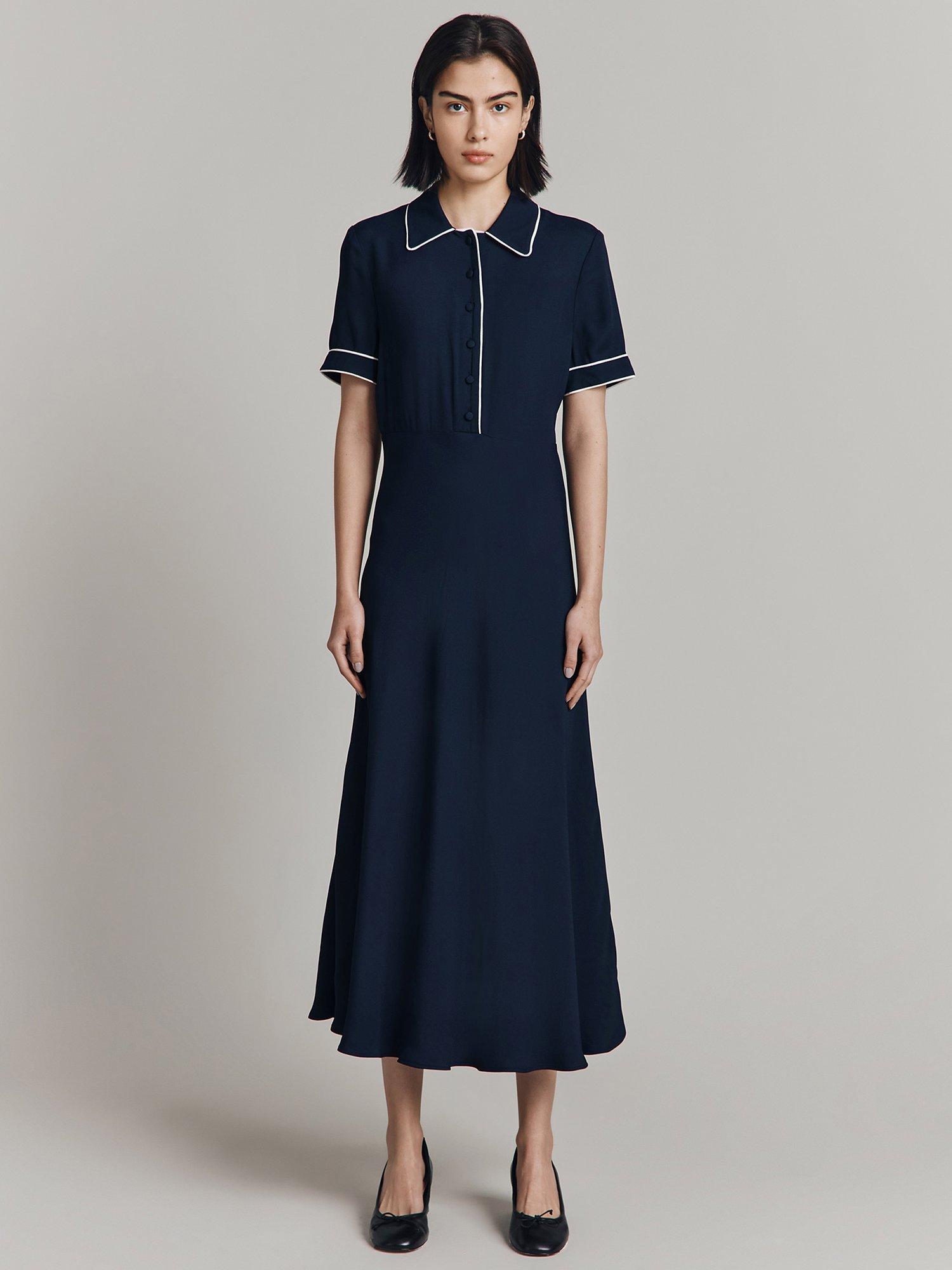 Product image 1 of 4, which shows Ghost Sophia Contrast Piping Midi Dress, Navy, XS
