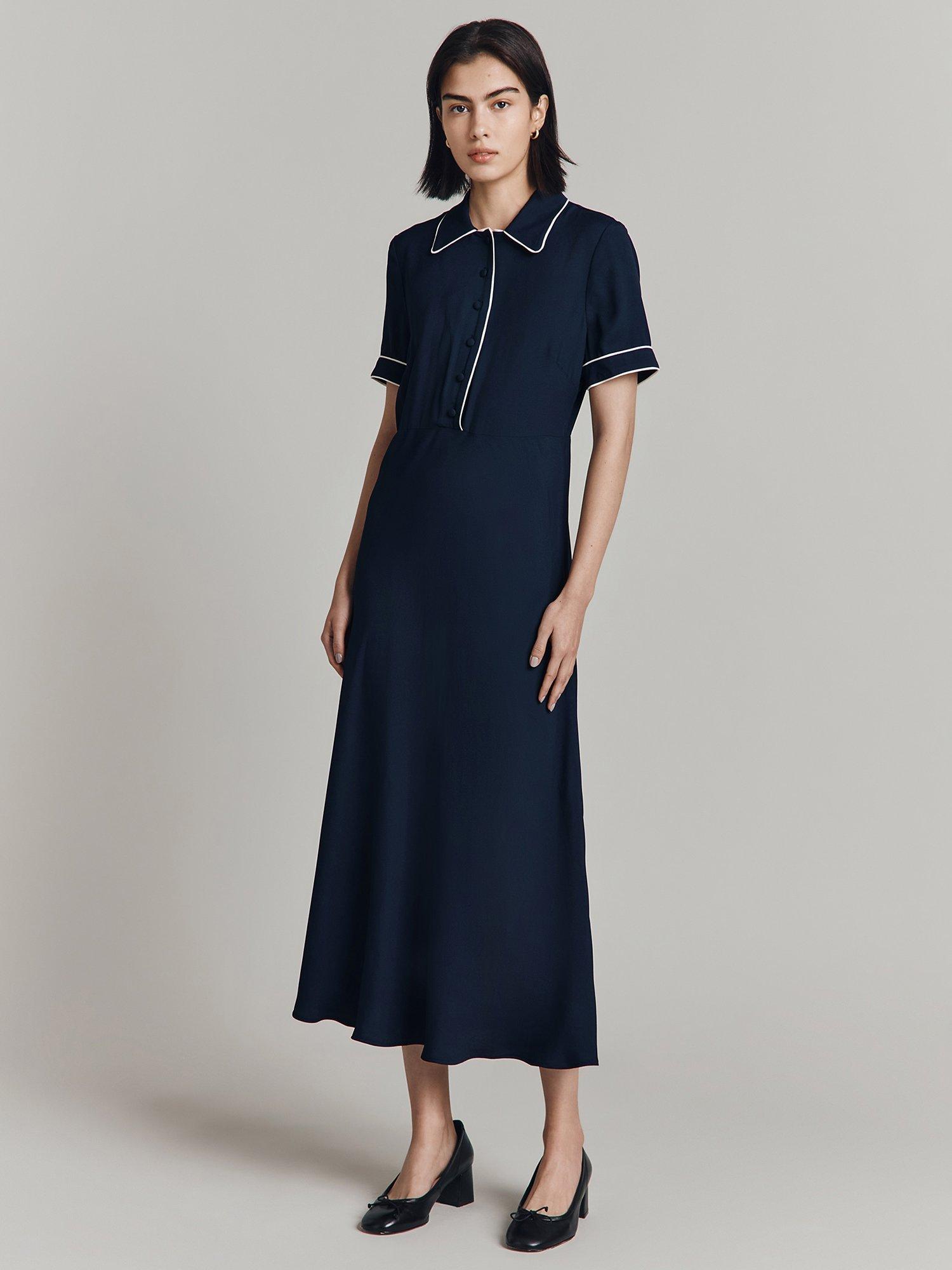 Product image 2 of 4, which shows Ghost Sophia Contrast Piping Midi Dress, Navy, XS