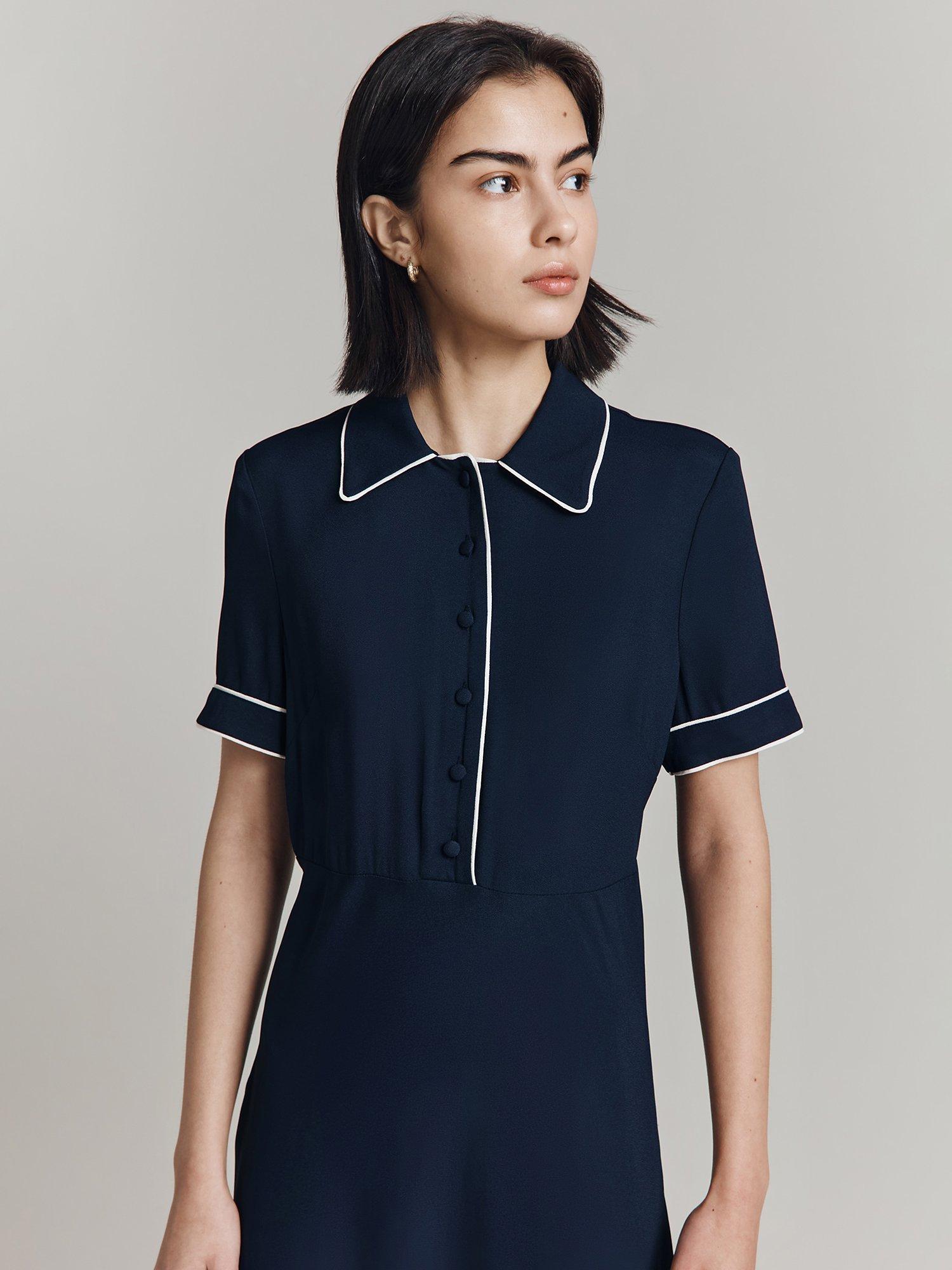 Product image 4 of 4, which shows Ghost Sophia Contrast Piping Midi Dress, Navy, XS