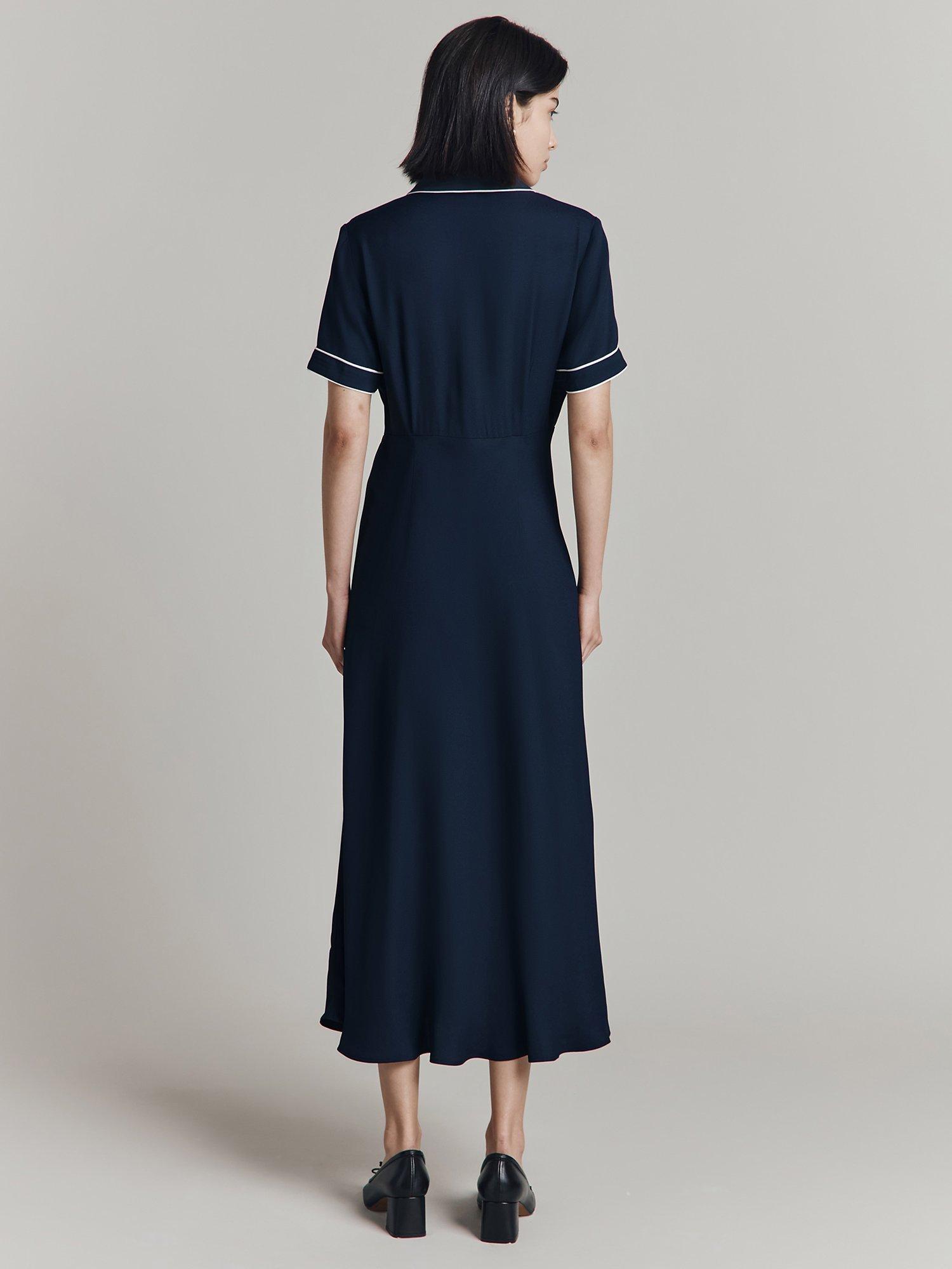 Product image 3 of 4, which shows Ghost Sophia Contrast Piping Midi Dress, Navy, XS
