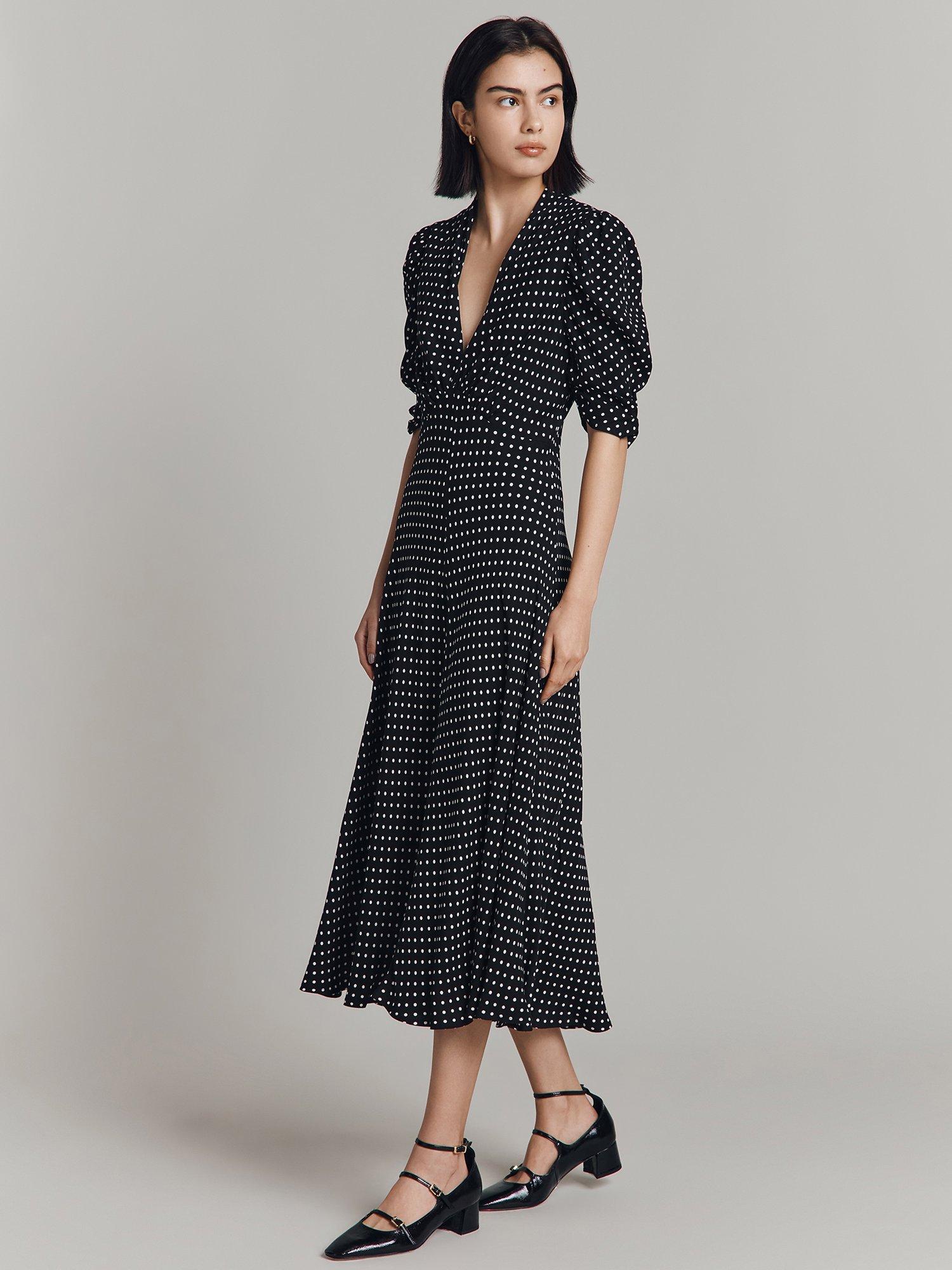 Product image 2 of 4, which shows Ghost Madi Spot Midi Dress, Black, XS