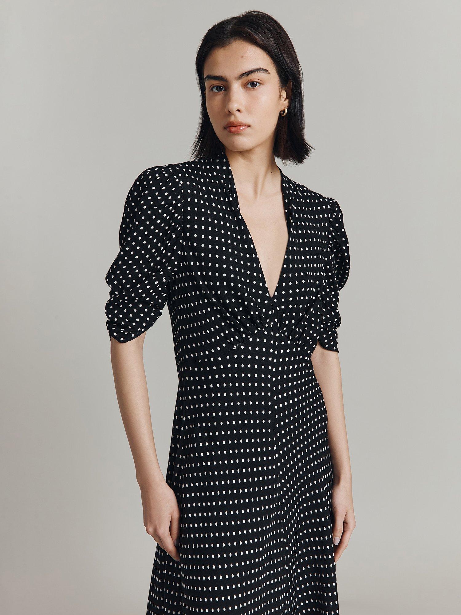 Product image 3 of 4, which shows Ghost Madi Spot Midi Dress, Black, XS