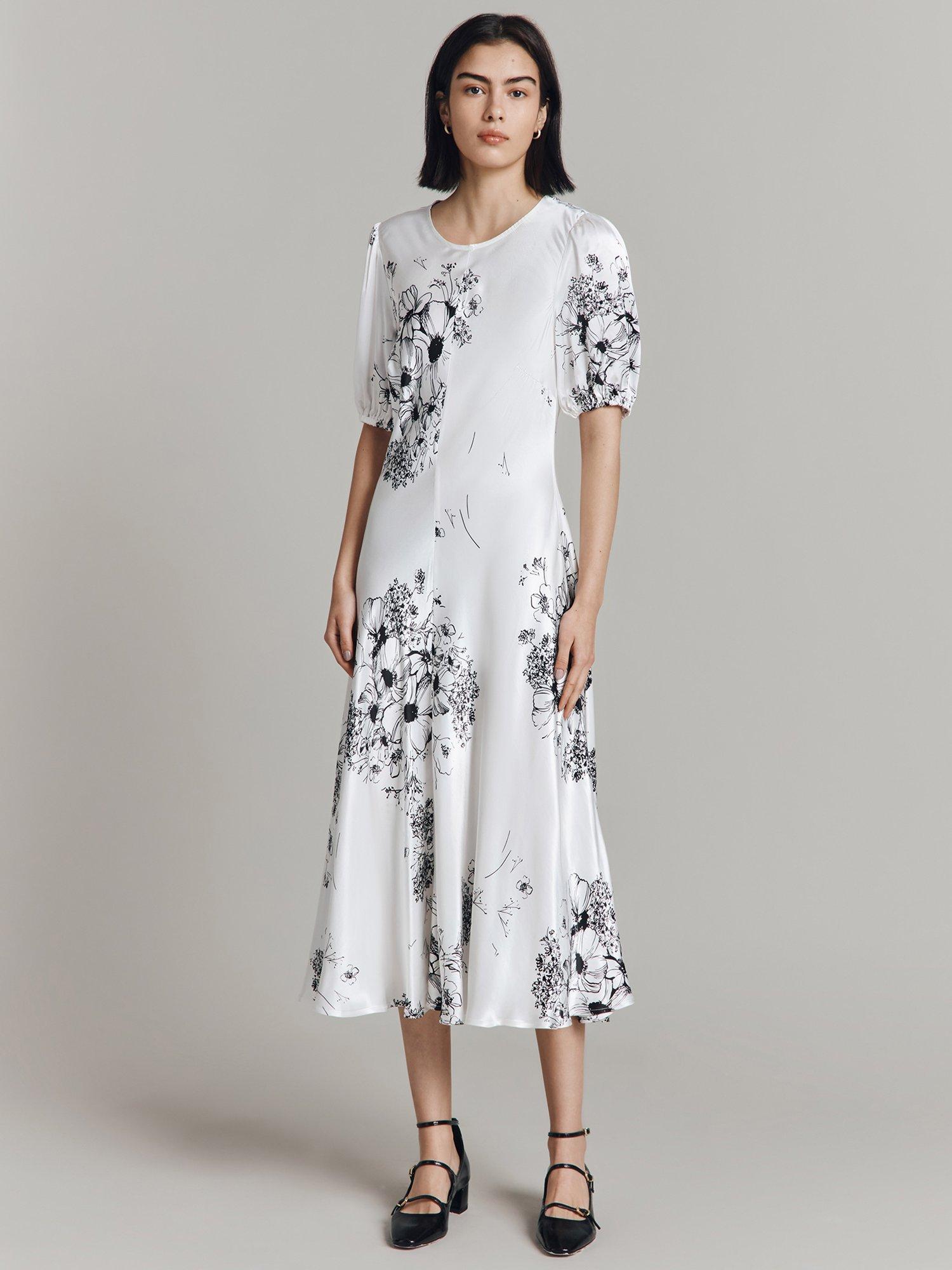 Product image 1 of 1, which shows Ghost Paloma Puff Sleeve Floral Midi Dress, Ivory, XS