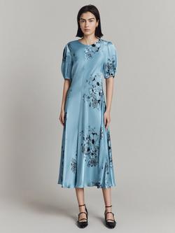 Ghost Paloma Puff Sleeve Floral Midi Dress, Blue