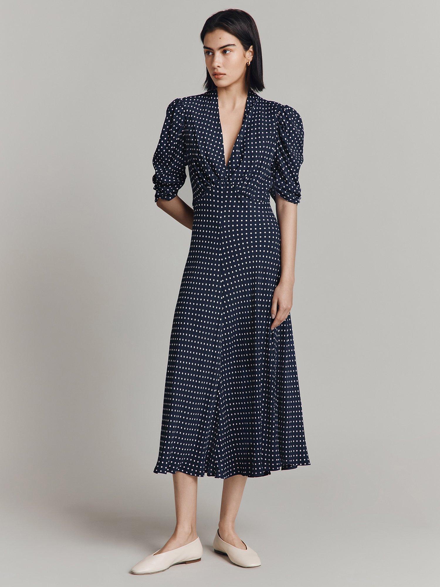 Ghost Madi Spot Midi Dress, Navy, XS