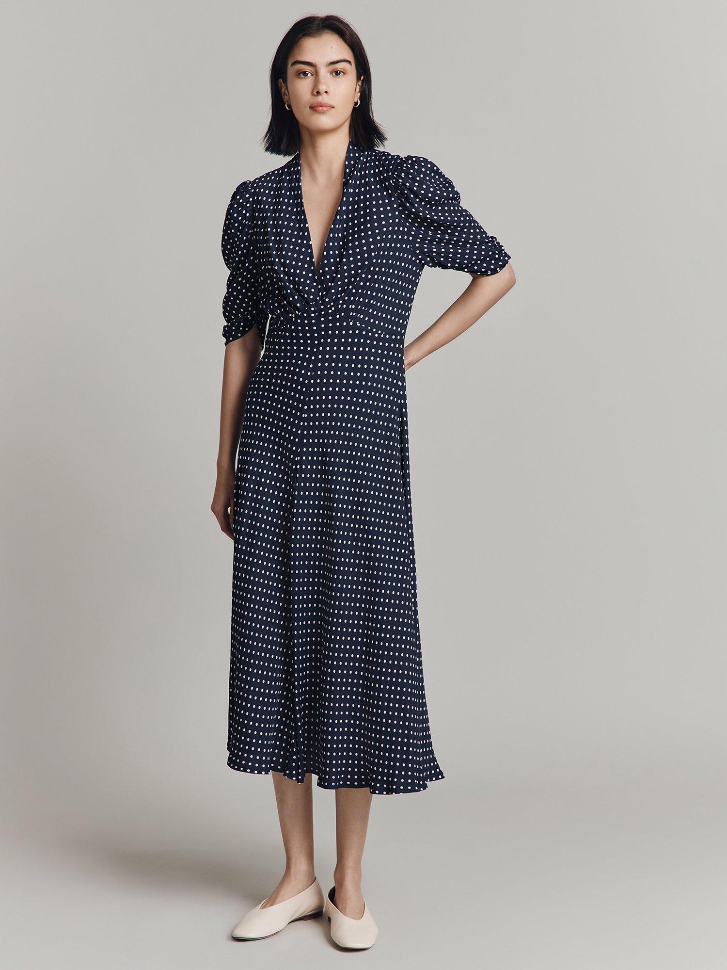 Ghost Madi Spot Midi Dress, Navy, XS