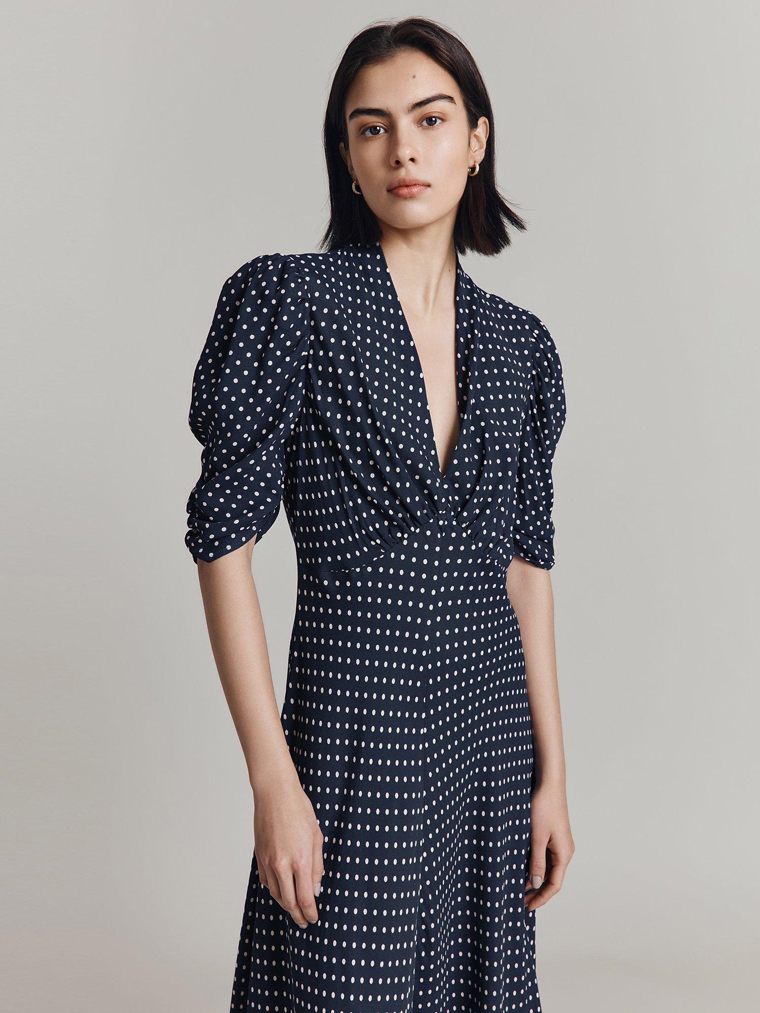 Ghost Madi Spot Midi Dress, Navy, XS