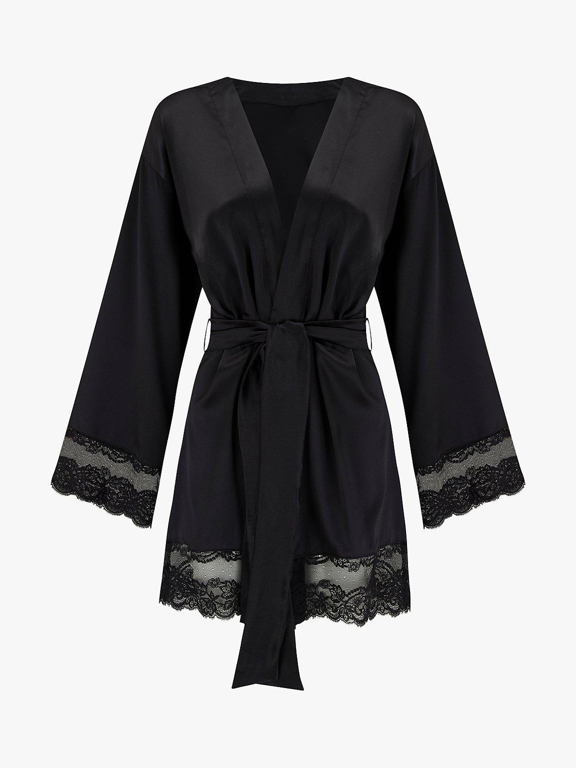 Product image 3 of 4, which shows Coco de Mer Seraphine Lace Trim Silk Robe, Black, M-L