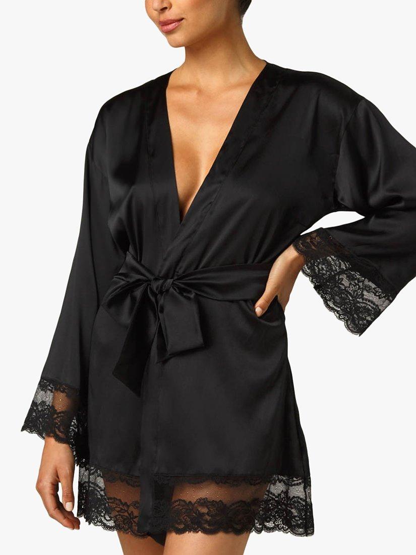 Product image 1 of 4, which shows Coco de Mer Seraphine Lace Trim Silk Robe, Black, M-L