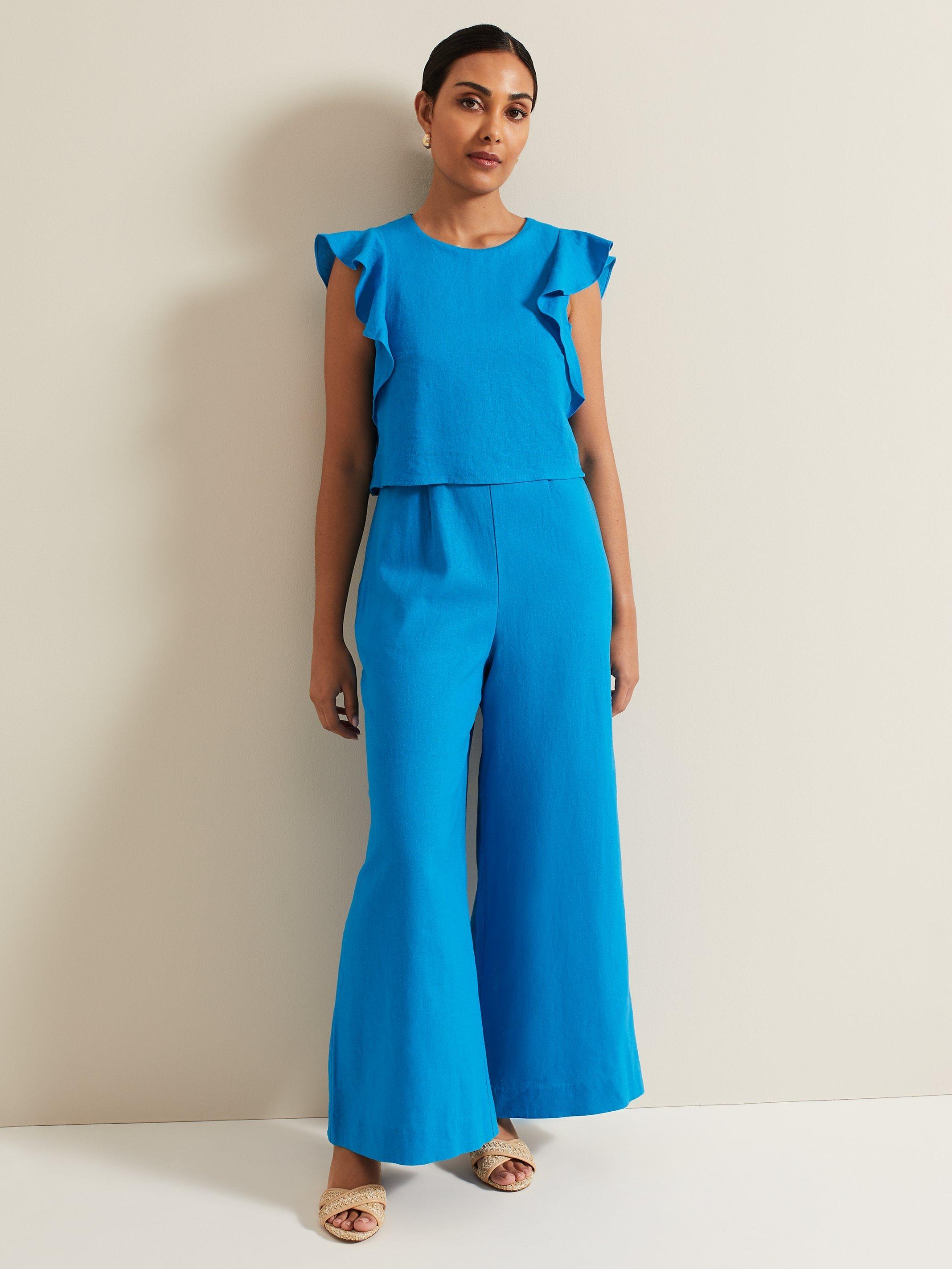 Phase Eight Petite Aubrey Linen Blend Wide Leg Jumpsuit Blue