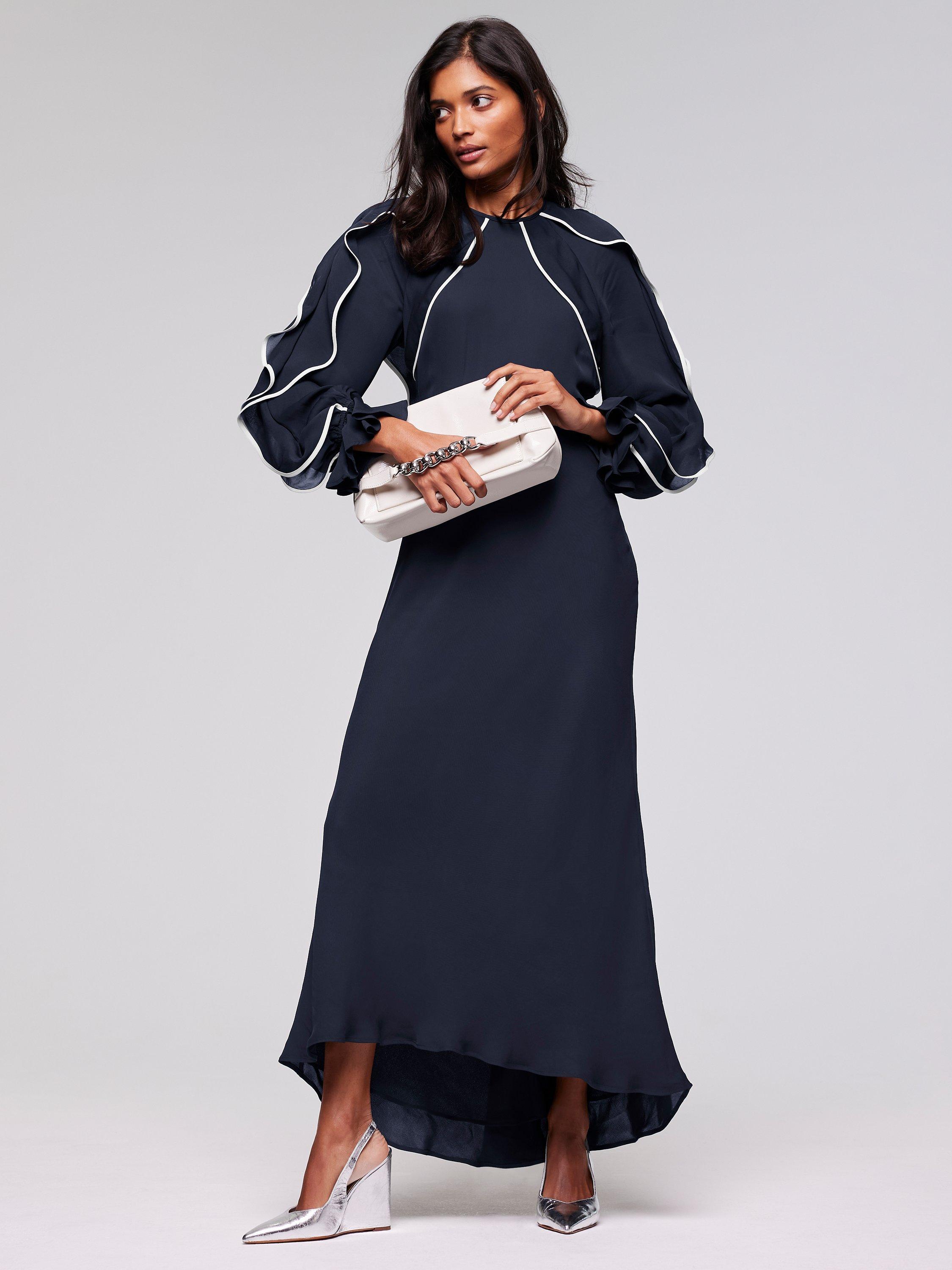 Mint Velvet Contrast Ruffle Midi Dress, Navy