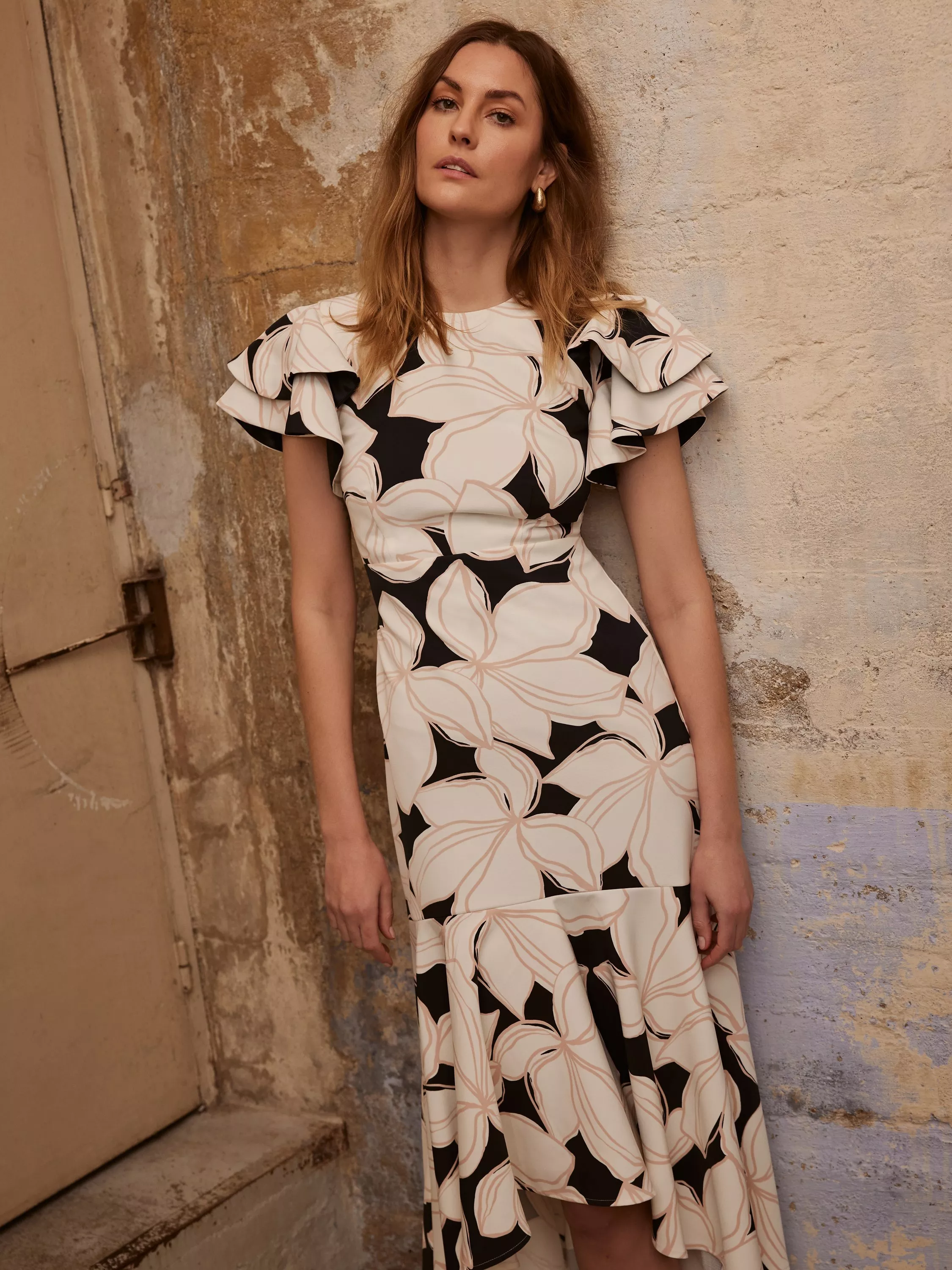 Mint Velvet Floral Print Waterfall Hem Midi Dress Cream Multi