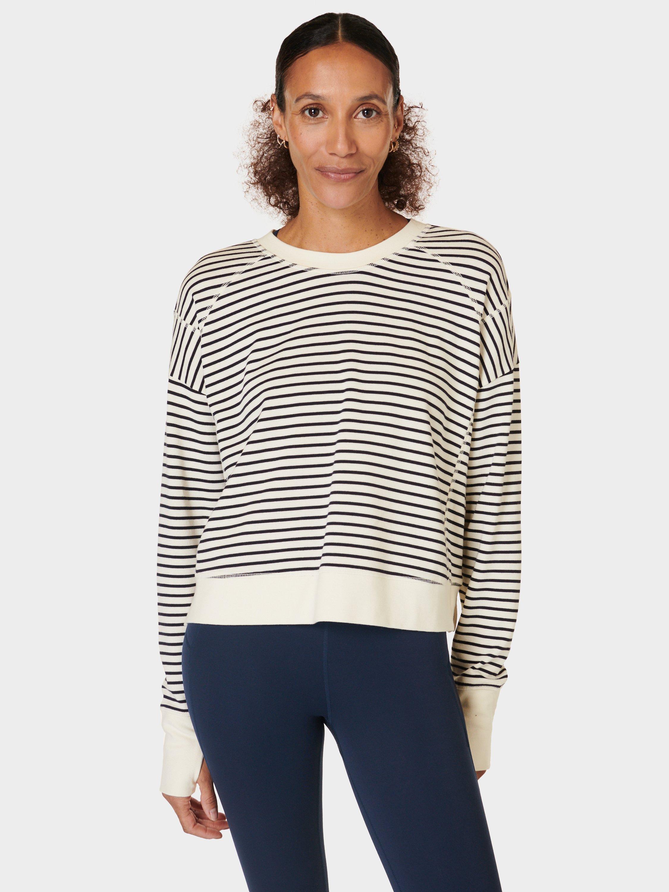 Product image 1 of 7, which shows Sweaty Betty After Class Stripe Cropped Longline Sweatshirt, Lily White Stripe, XXS