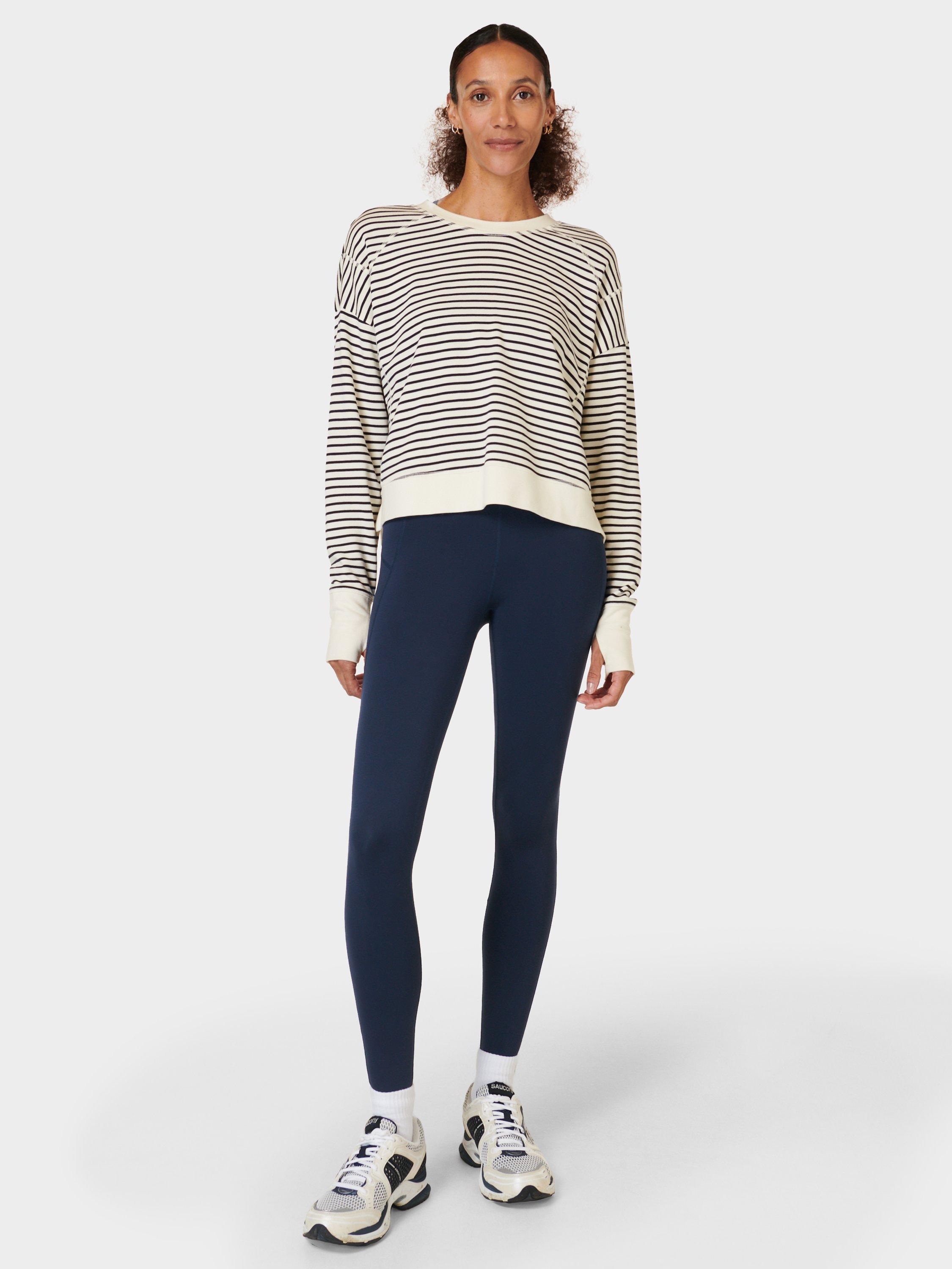 Product image 3 of 7, which shows Sweaty Betty After Class Stripe Cropped Longline Sweatshirt, Lily White Stripe, XXS