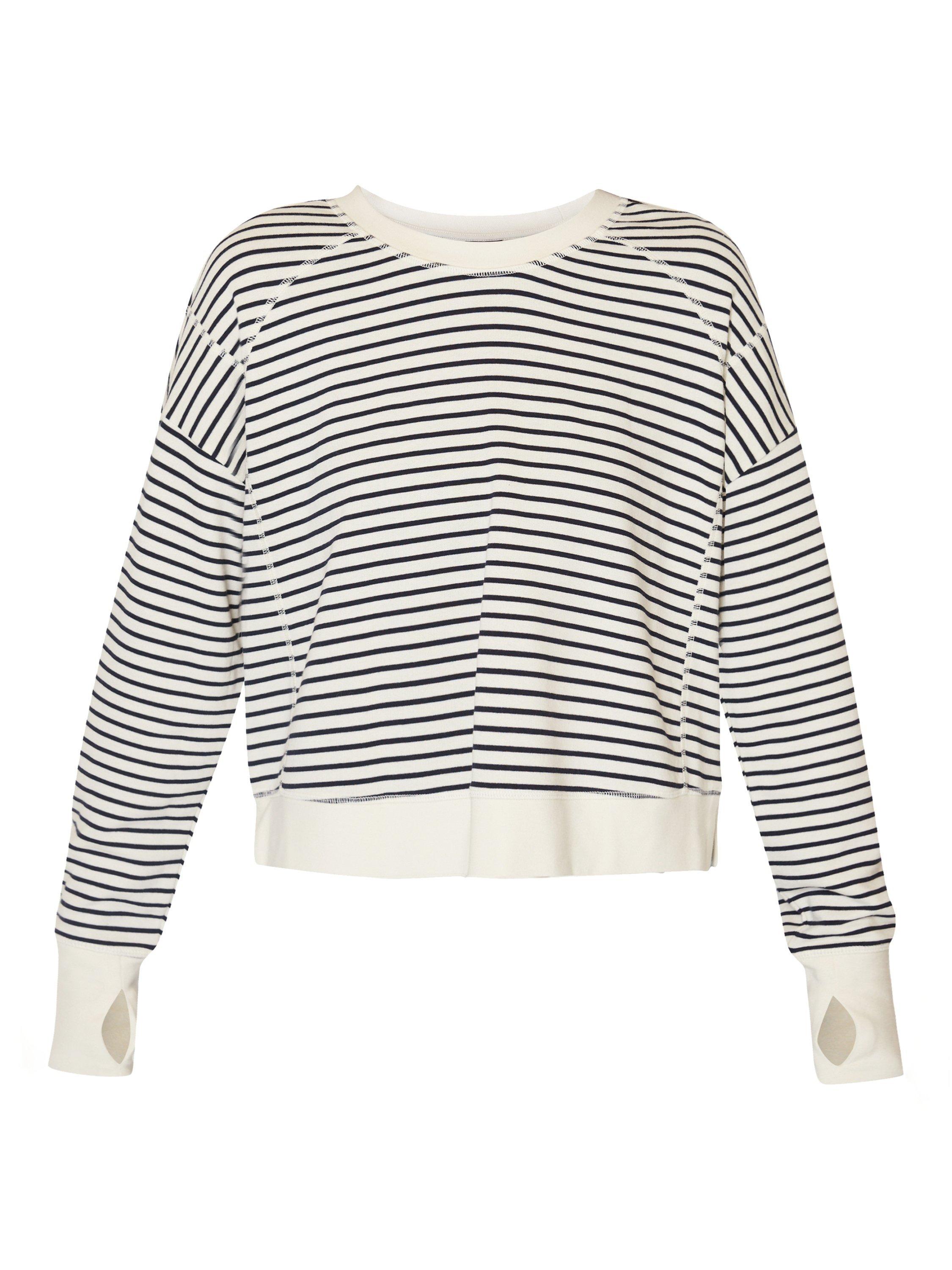 Product image 4 of 7, which shows Sweaty Betty After Class Stripe Cropped Longline Sweatshirt, Lily White Stripe, XXS