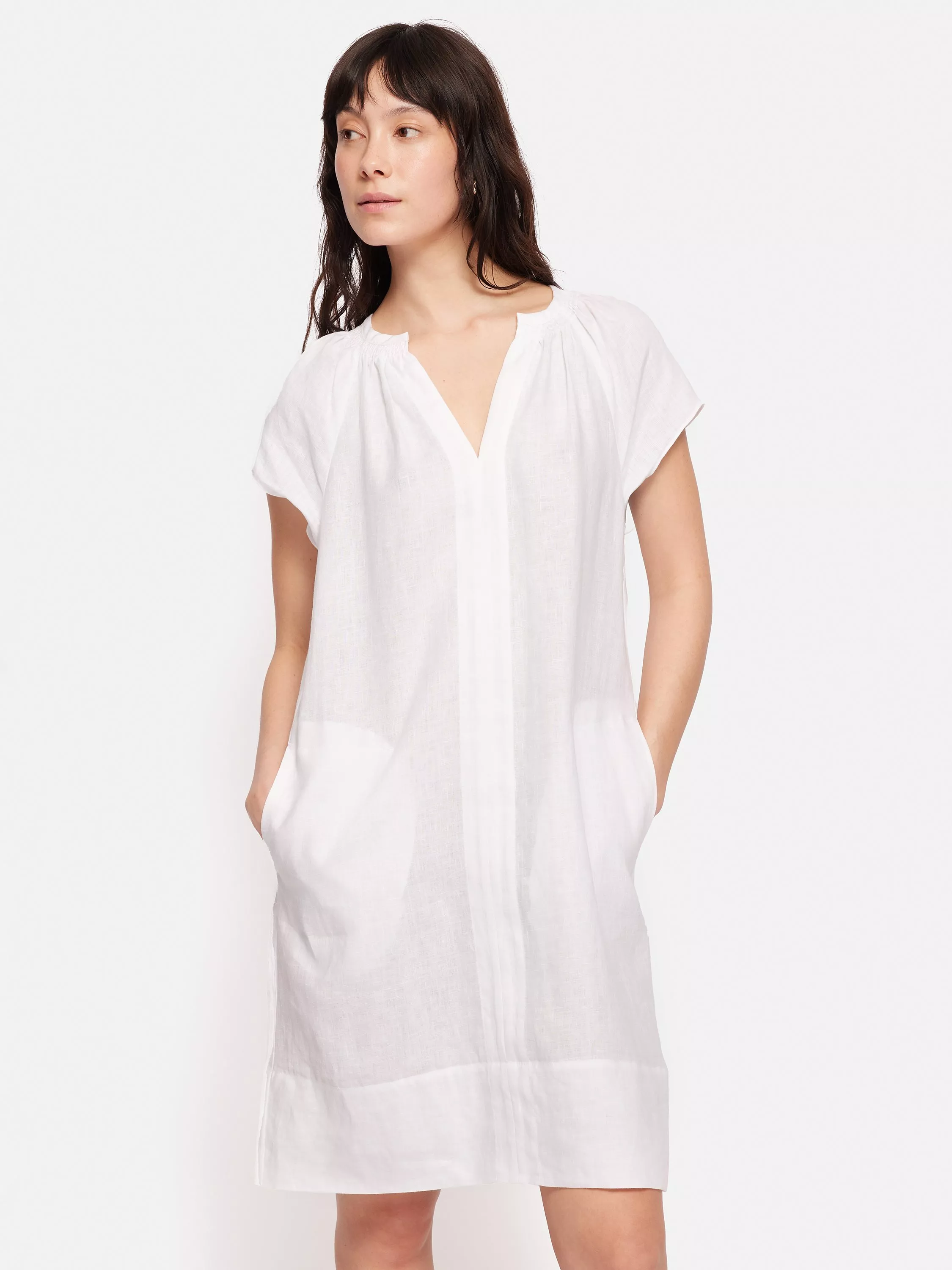 Jigsaw Smocked Linen Dress, White