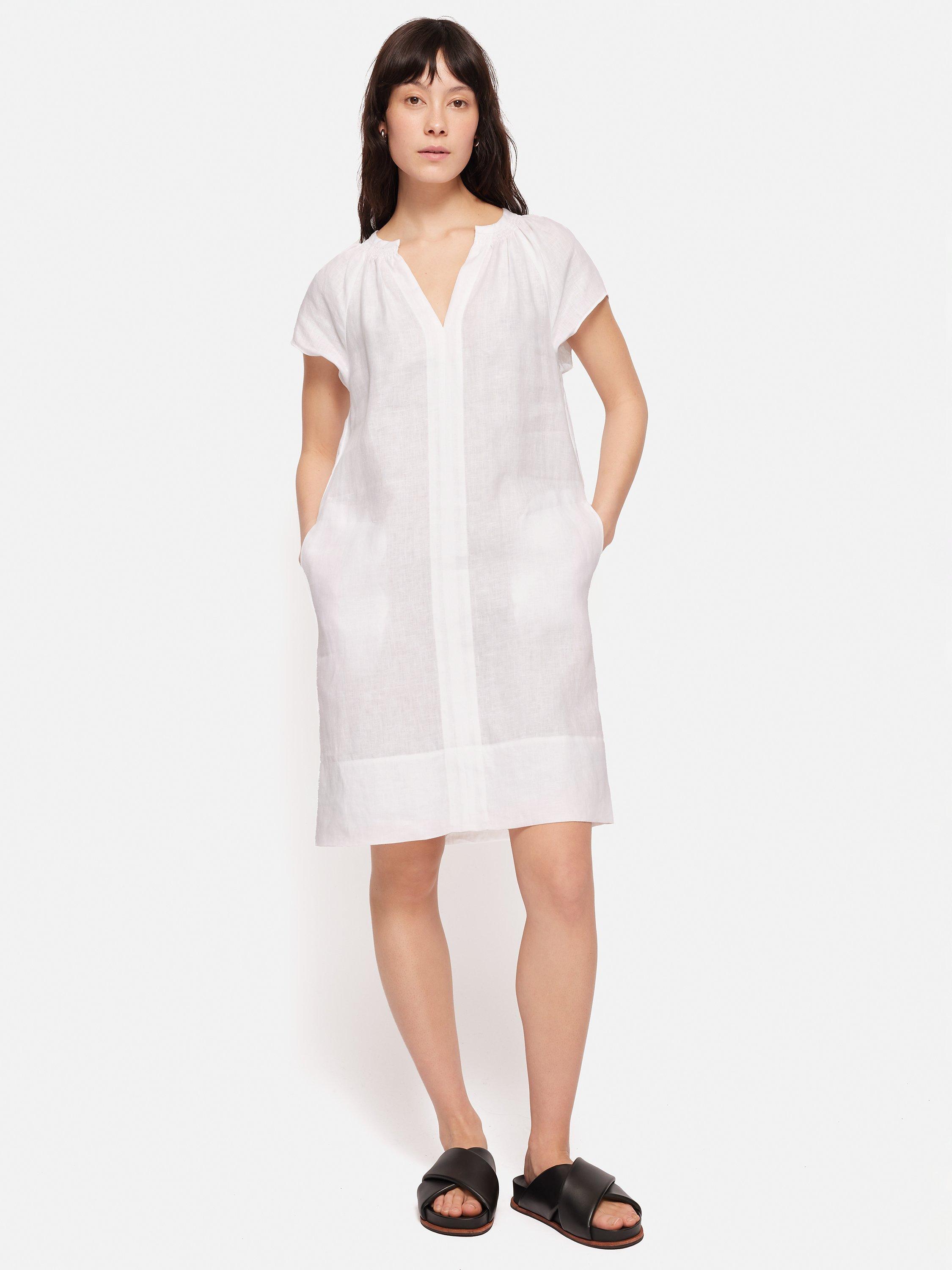 Jigsaw Smocked Linen Dress, White, 8