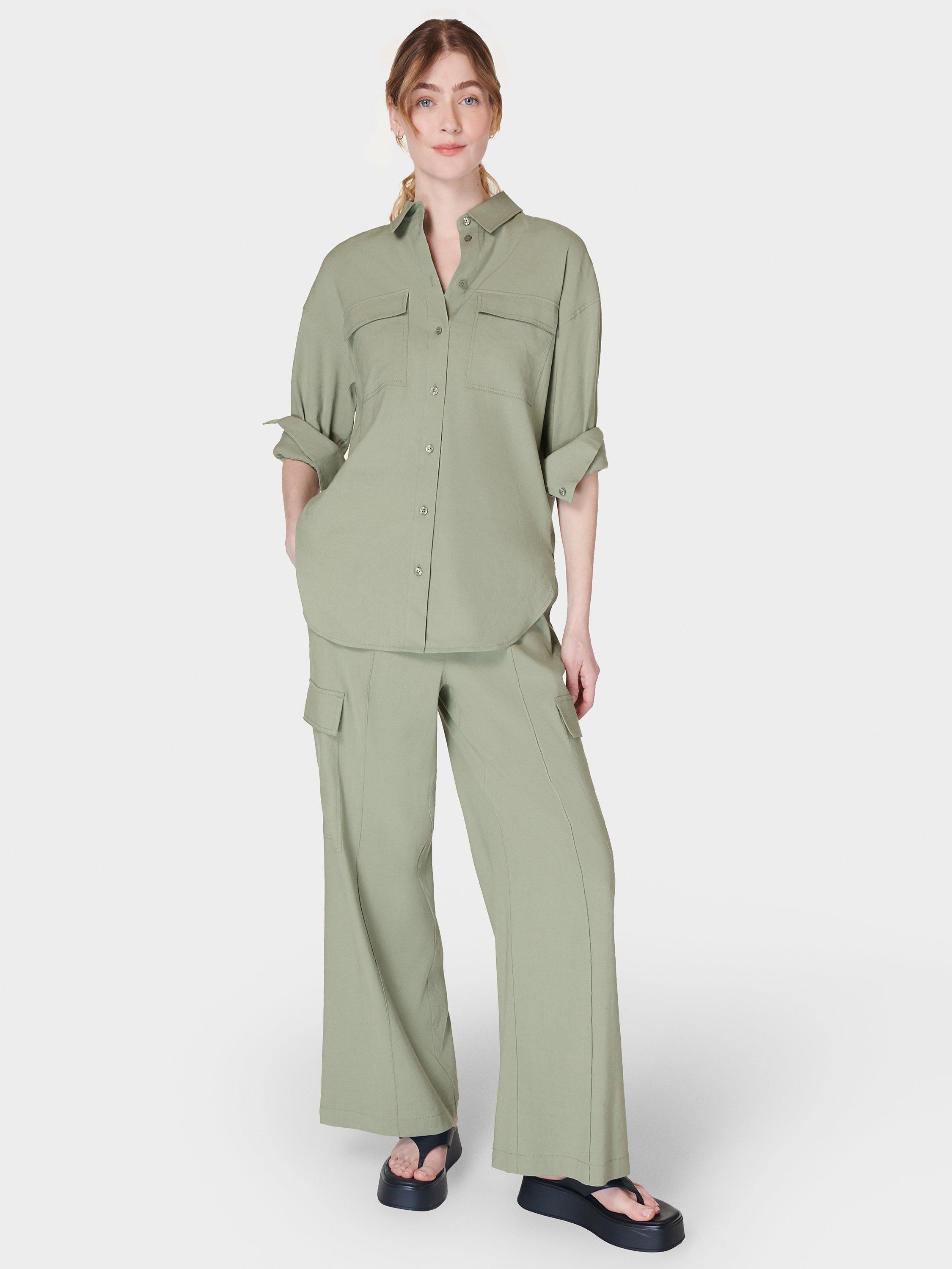 Product image 3 of 8, which shows Sweaty Betty Summer Stretch Linen Blend Trousers, Savannah Green, XS
