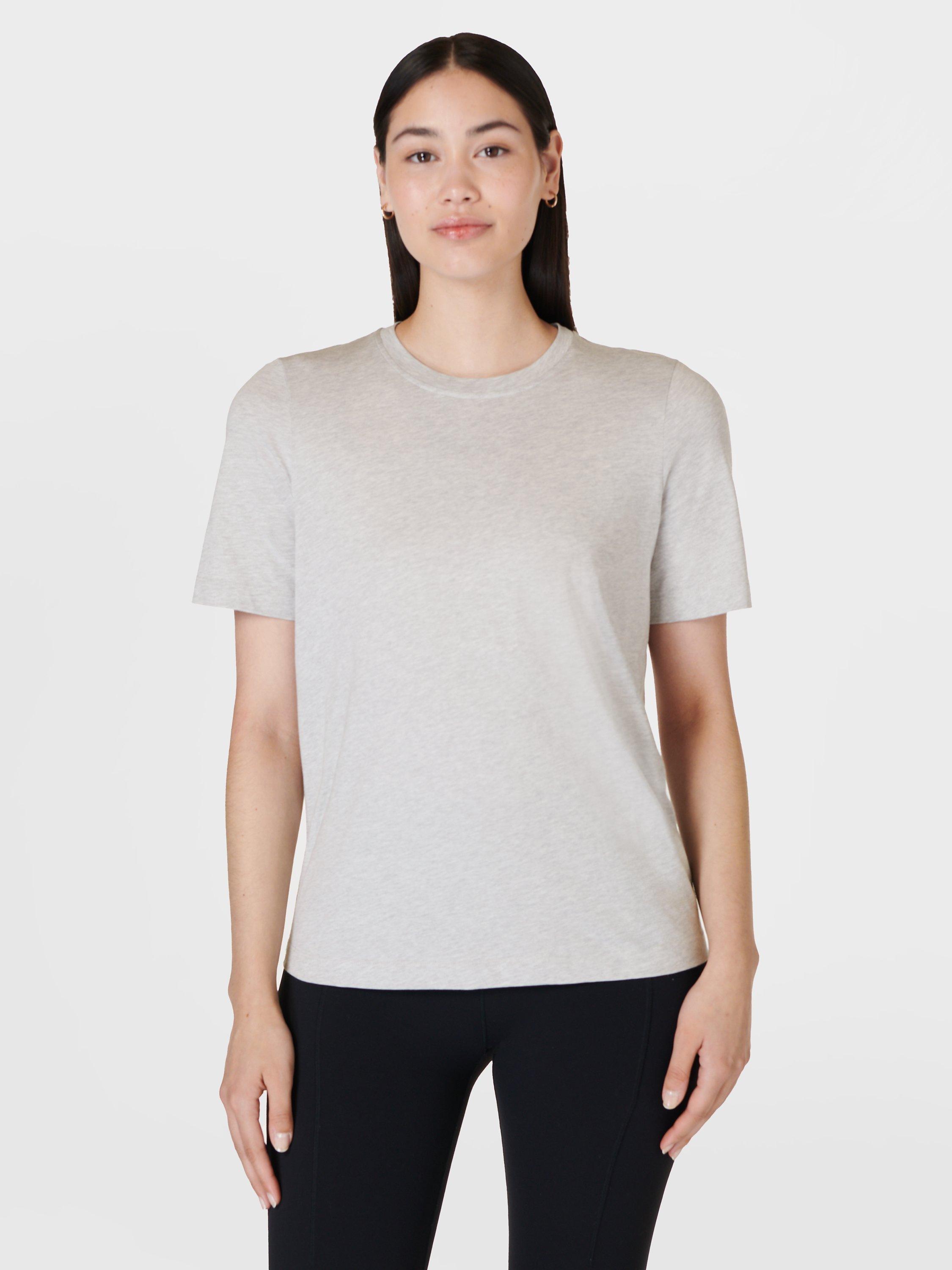 Product image 1 of 4, which shows Sweaty Betty Essential Organic Cotton Blend Crew Neck T-Shirt, Light Grey Marl, XXS