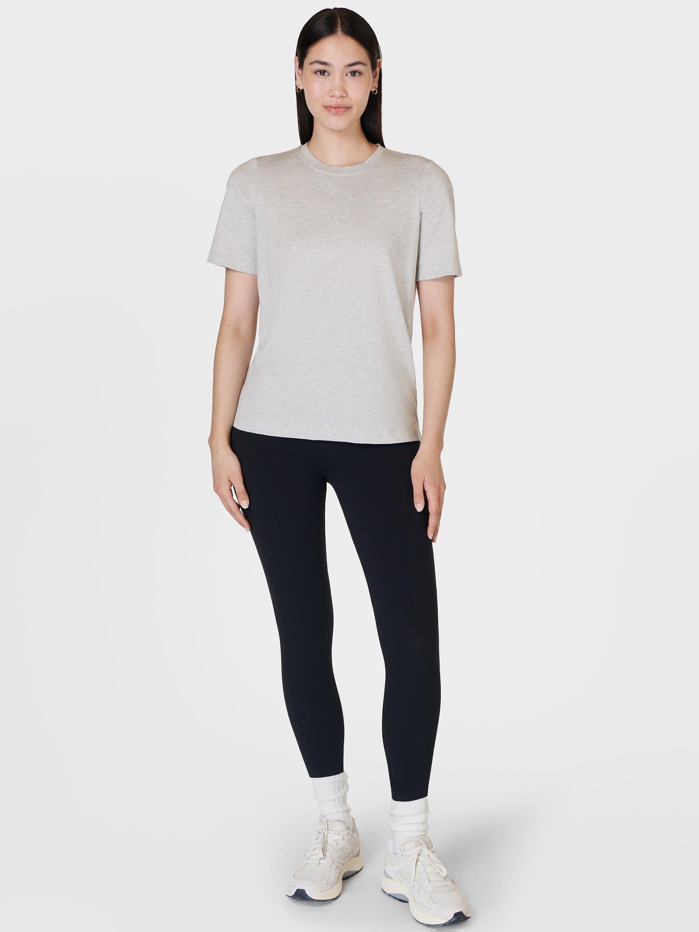 Product image 3 of 4, which shows Sweaty Betty Essential Organic Cotton Blend Crew Neck T-Shirt, Light Grey Marl, XXS